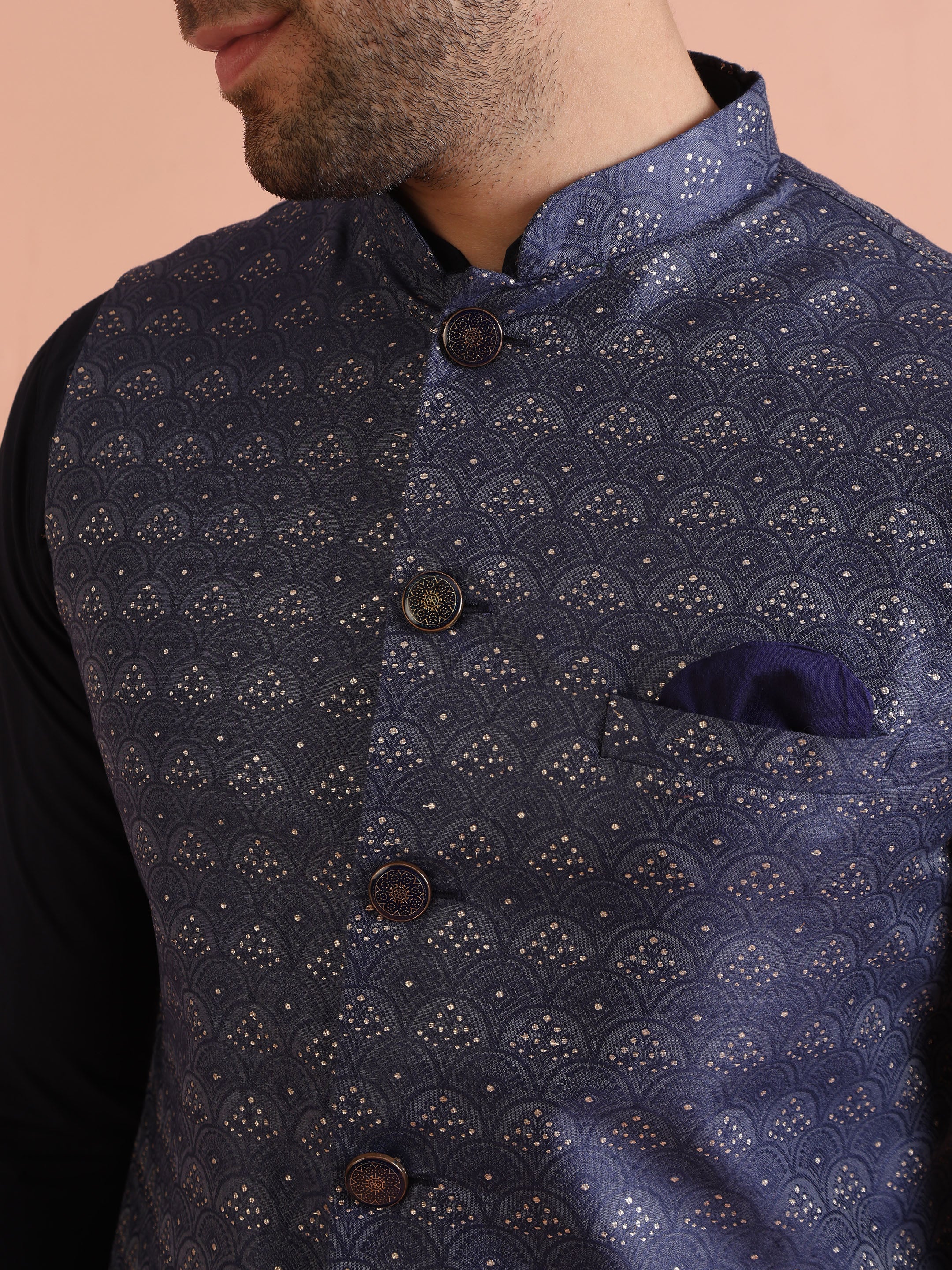 Navy Blue Silk Blend Jacquard Nehru Jacket - Image 4