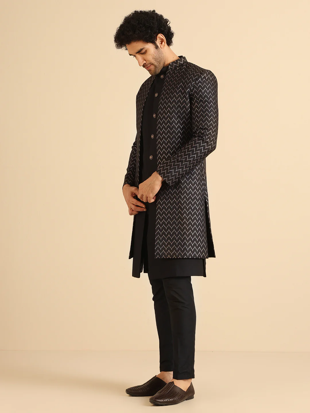 Black Zig-Zag Embroidered Sherwani Jacket Set - Image 2