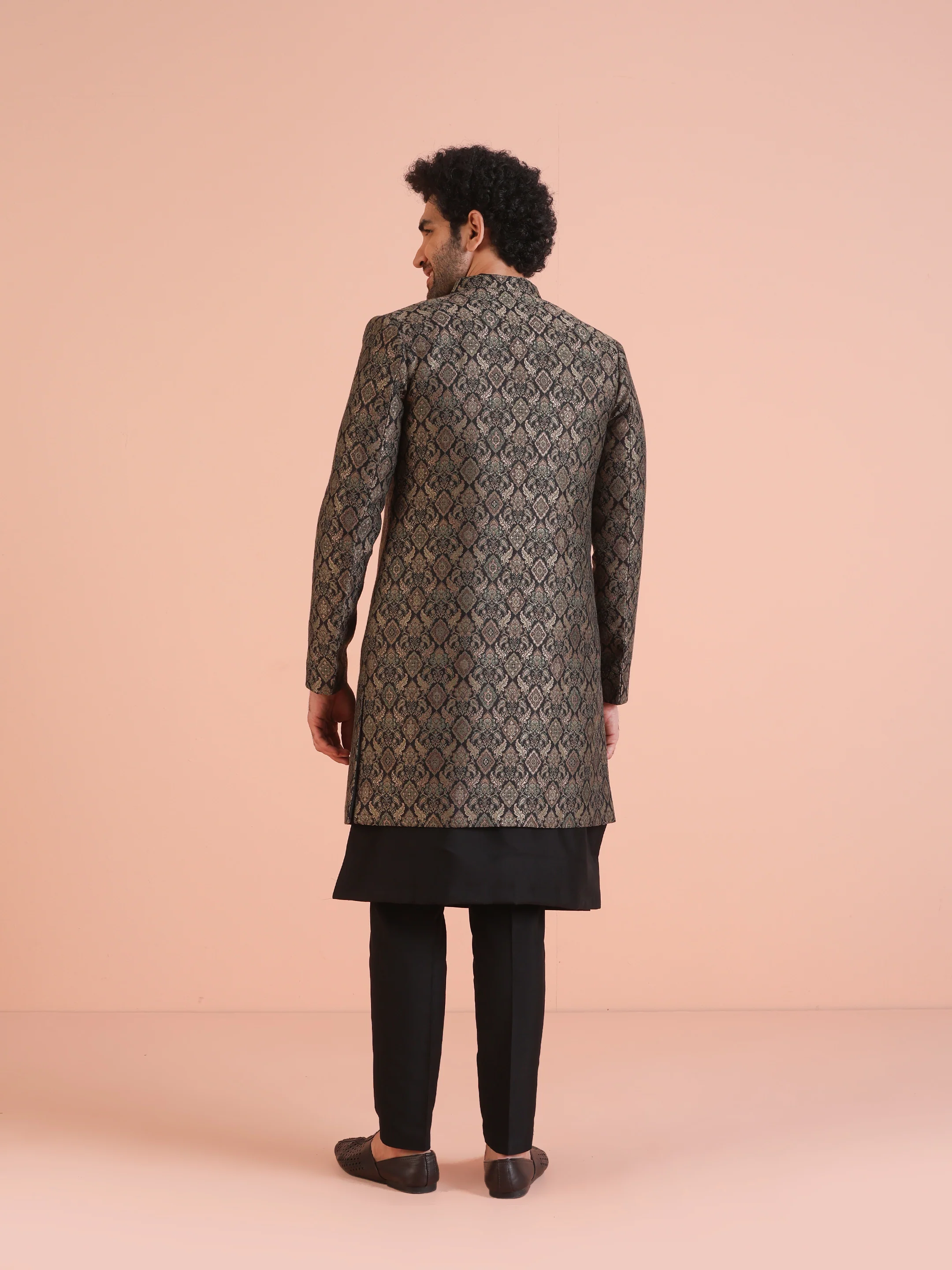 Men Green Jacquard Jacket Indowestern Trouser Set with Ethnic Motifs - Image 4