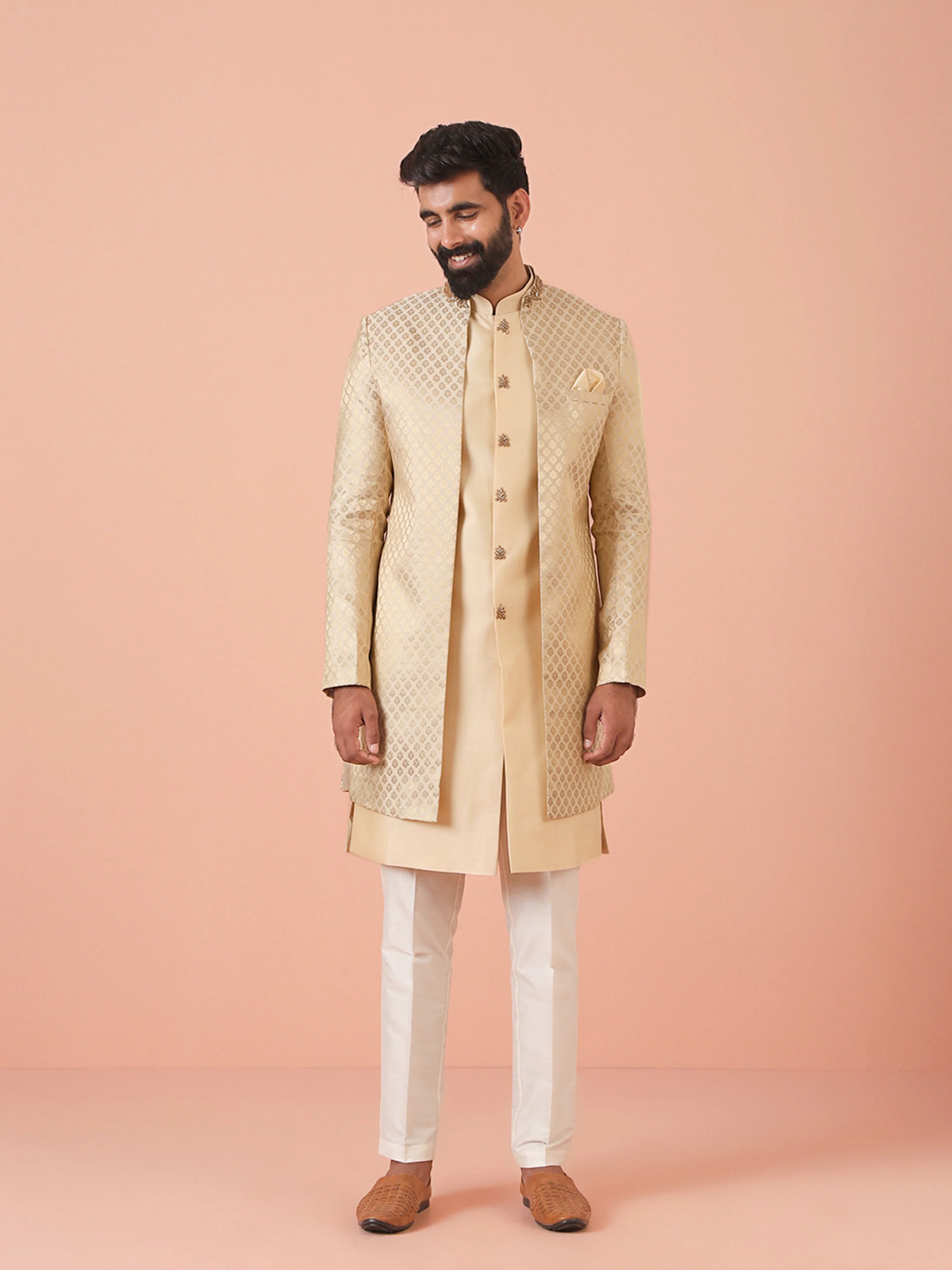 Gold Silk Blend Textured Sherwani Trouser Set - Image 7