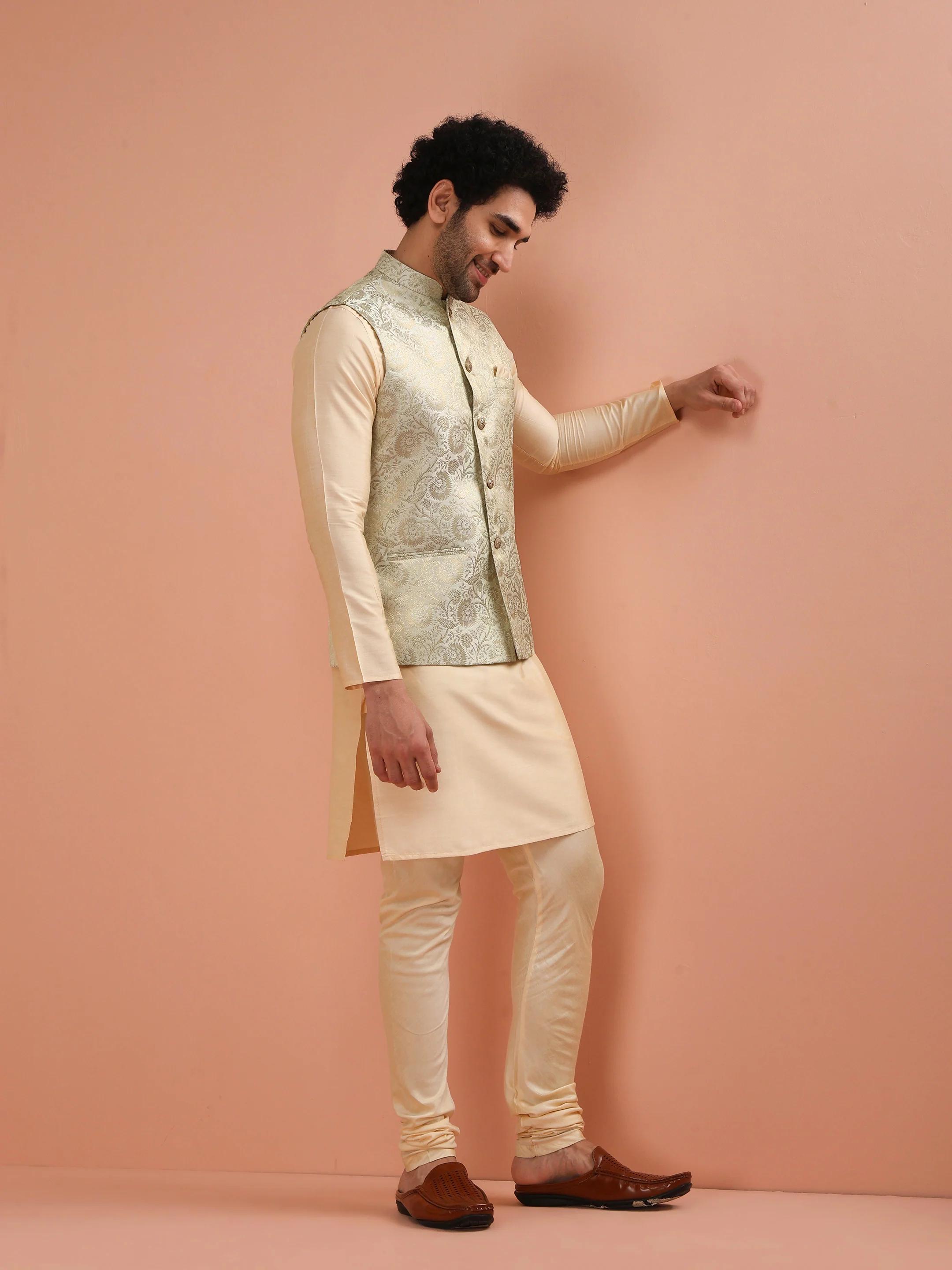 Men Cream Jacquard Jacket with Floral - Image 2