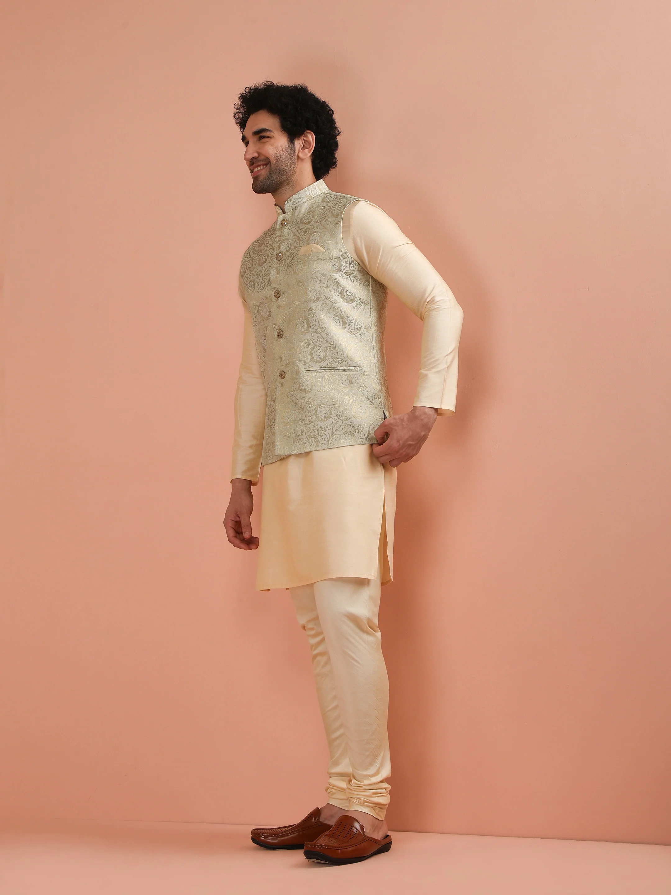 Men Cream Jacquard Jacket with Floral - Image 3