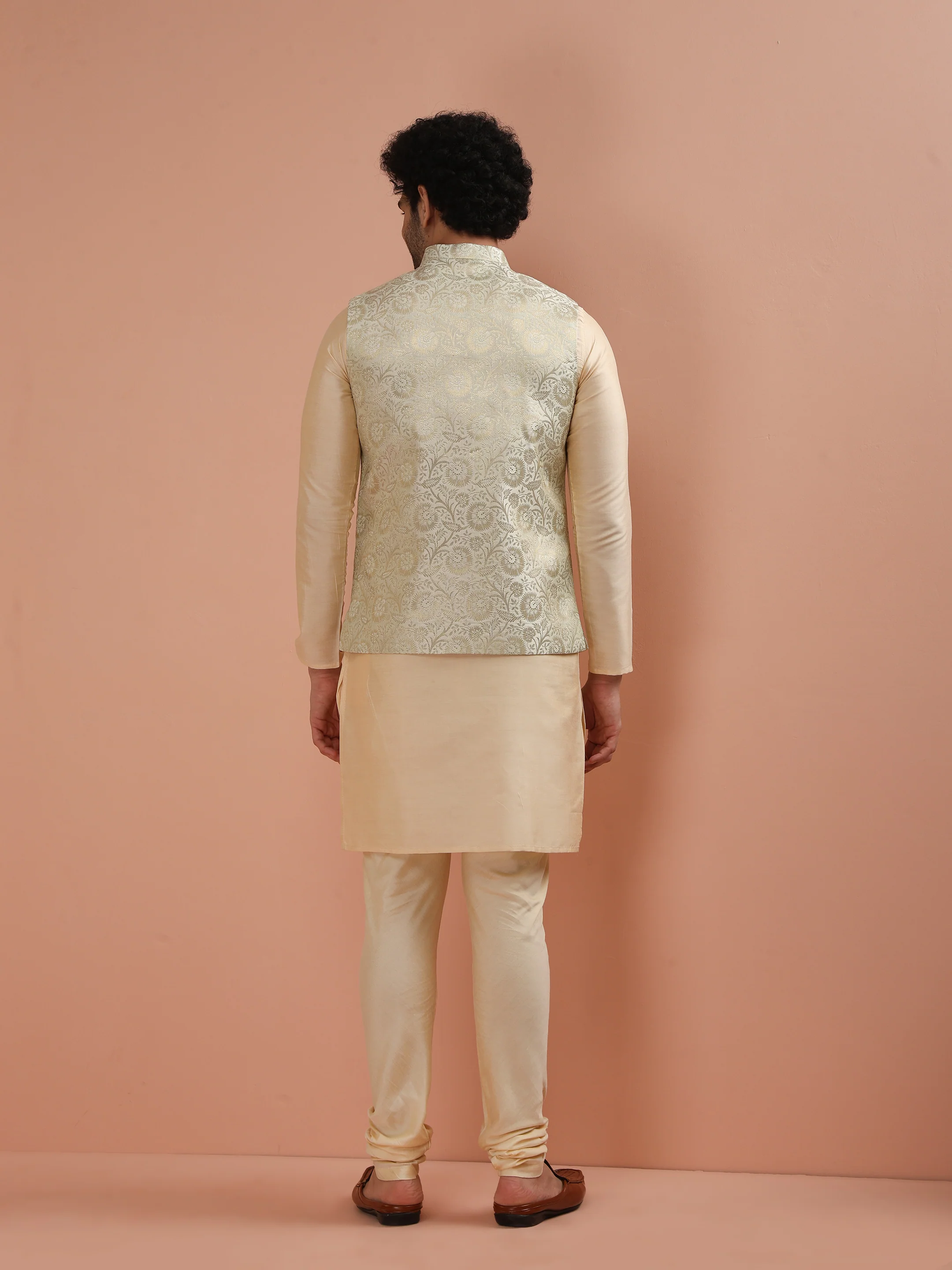 Men Cream Jacquard Jacket with Floral - Image 4