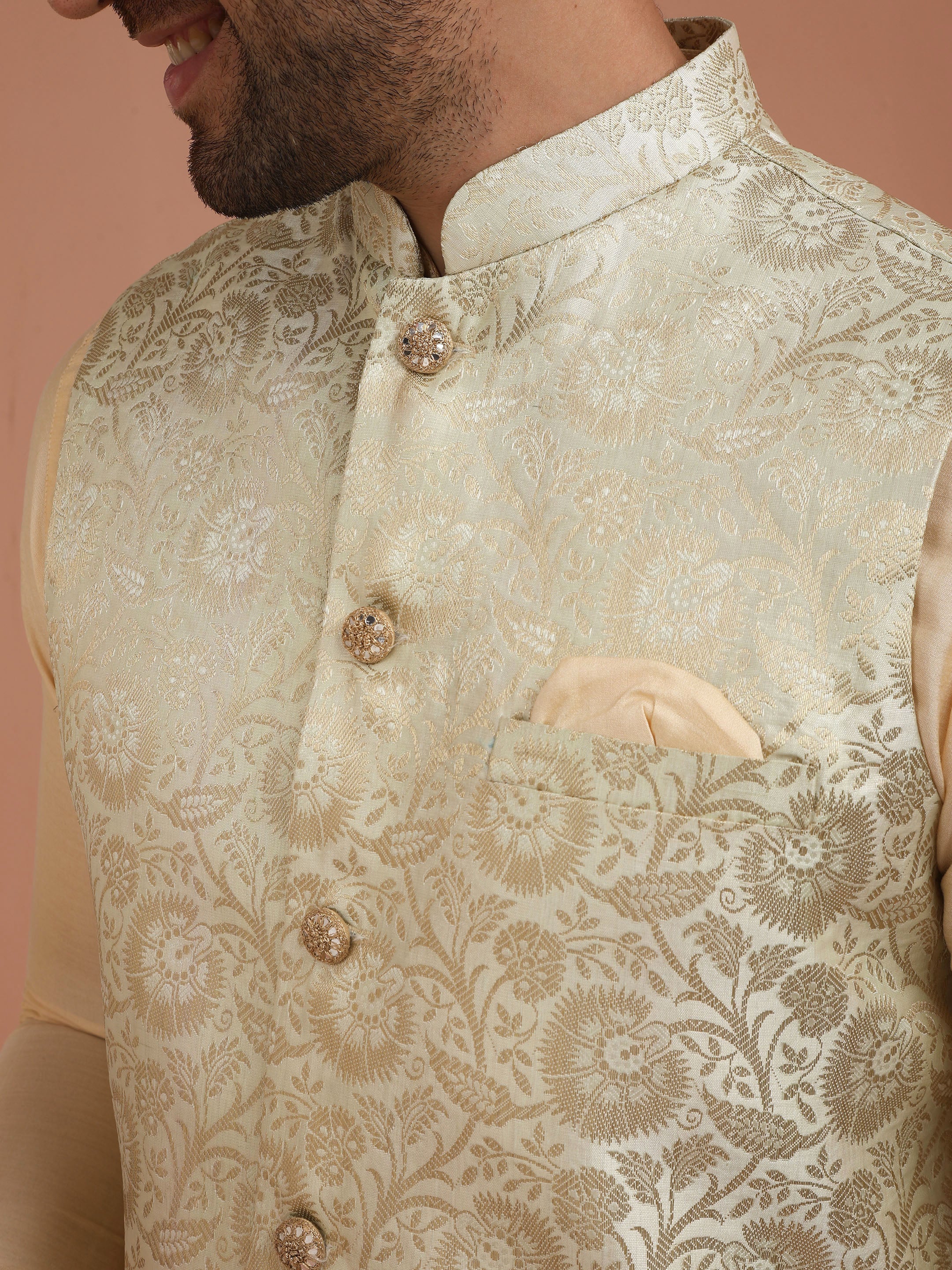 Men Cream Jacquard Jacket with Floral - Image 5