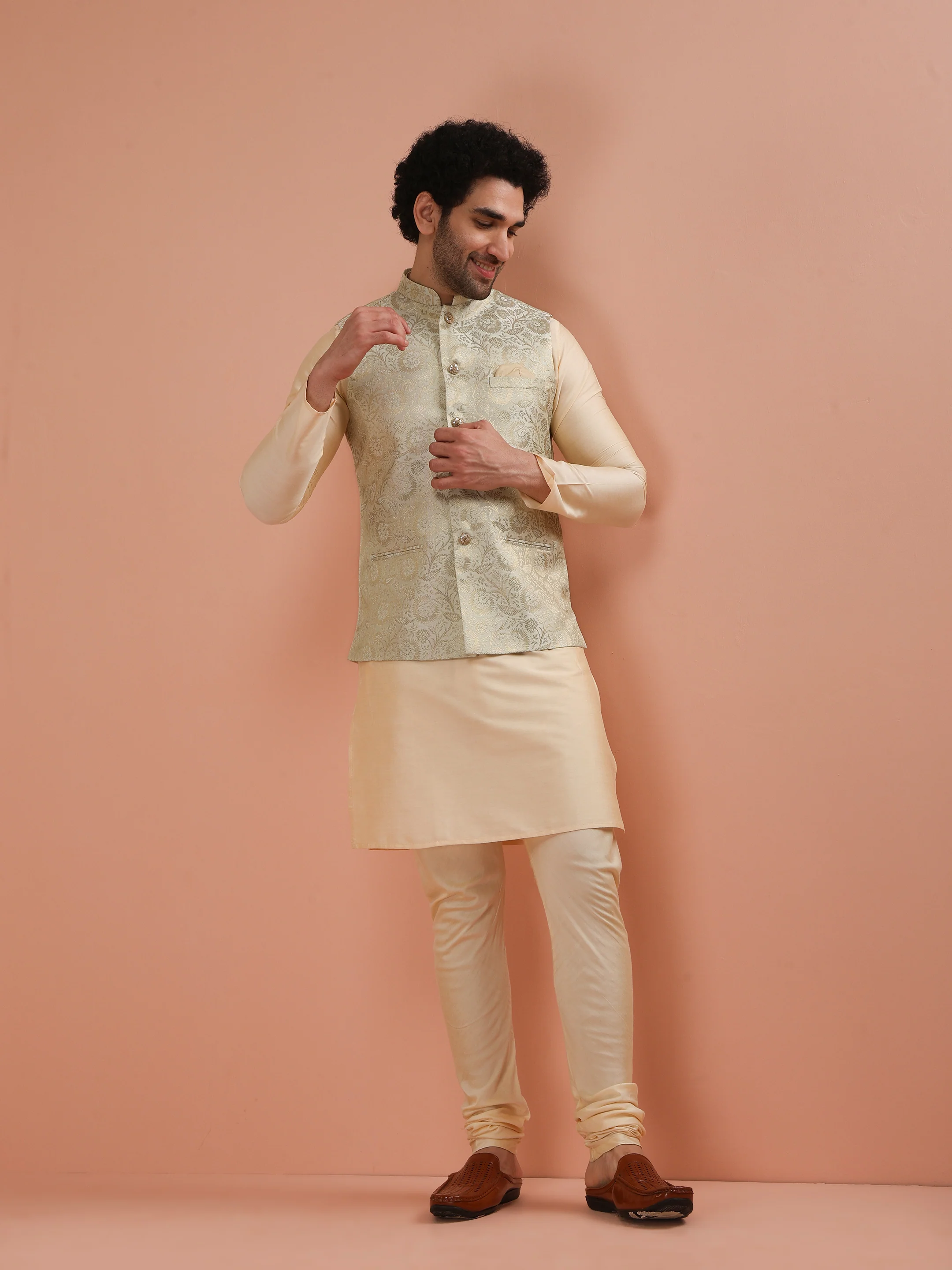 Men Cream Jacquard Jacket with Floral - Image 6
