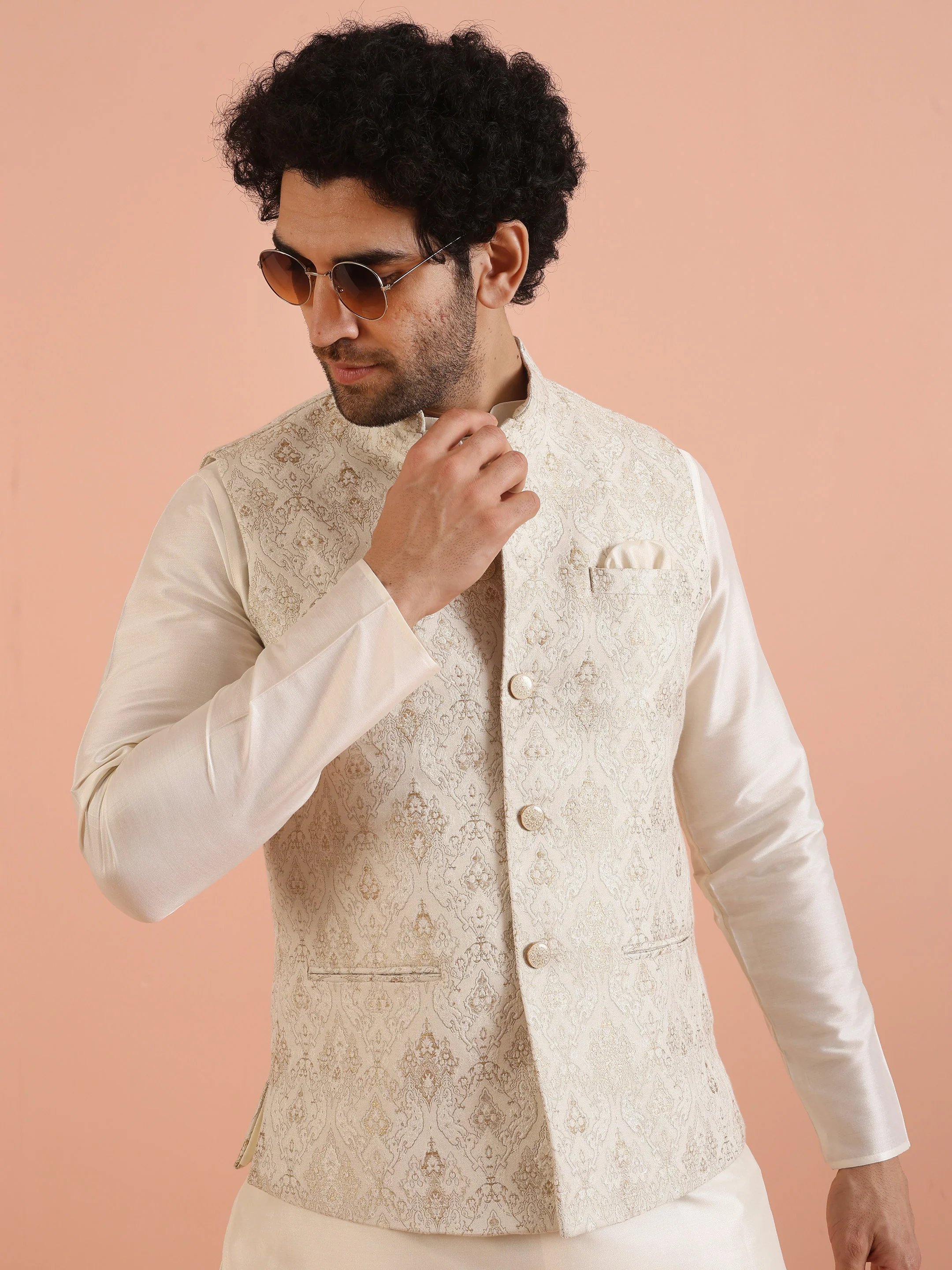 Cream Silk Blend Brocade Nehru Jacket