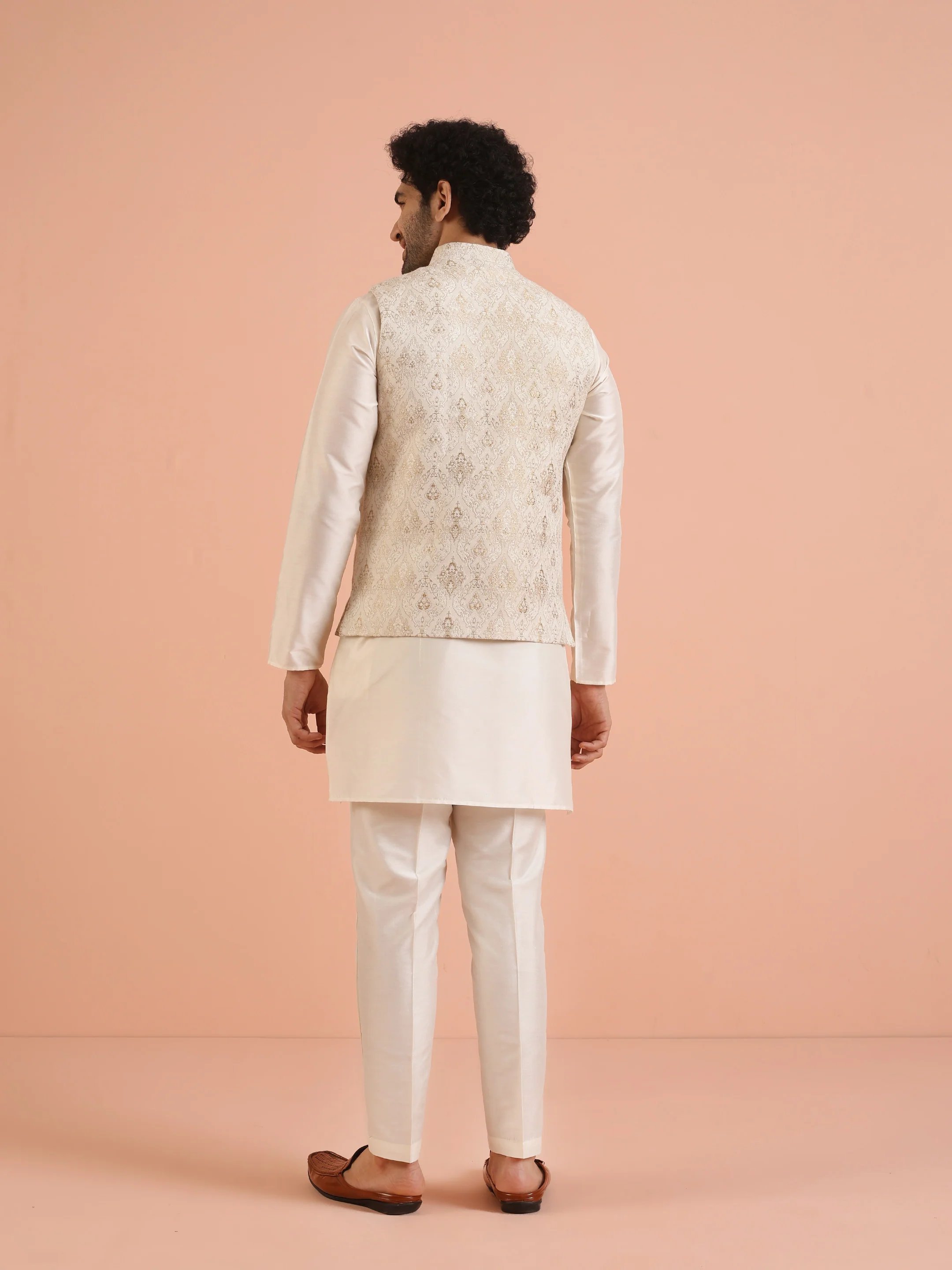 Cream Silk Blend Brocade Nehru Jacket - Image 4