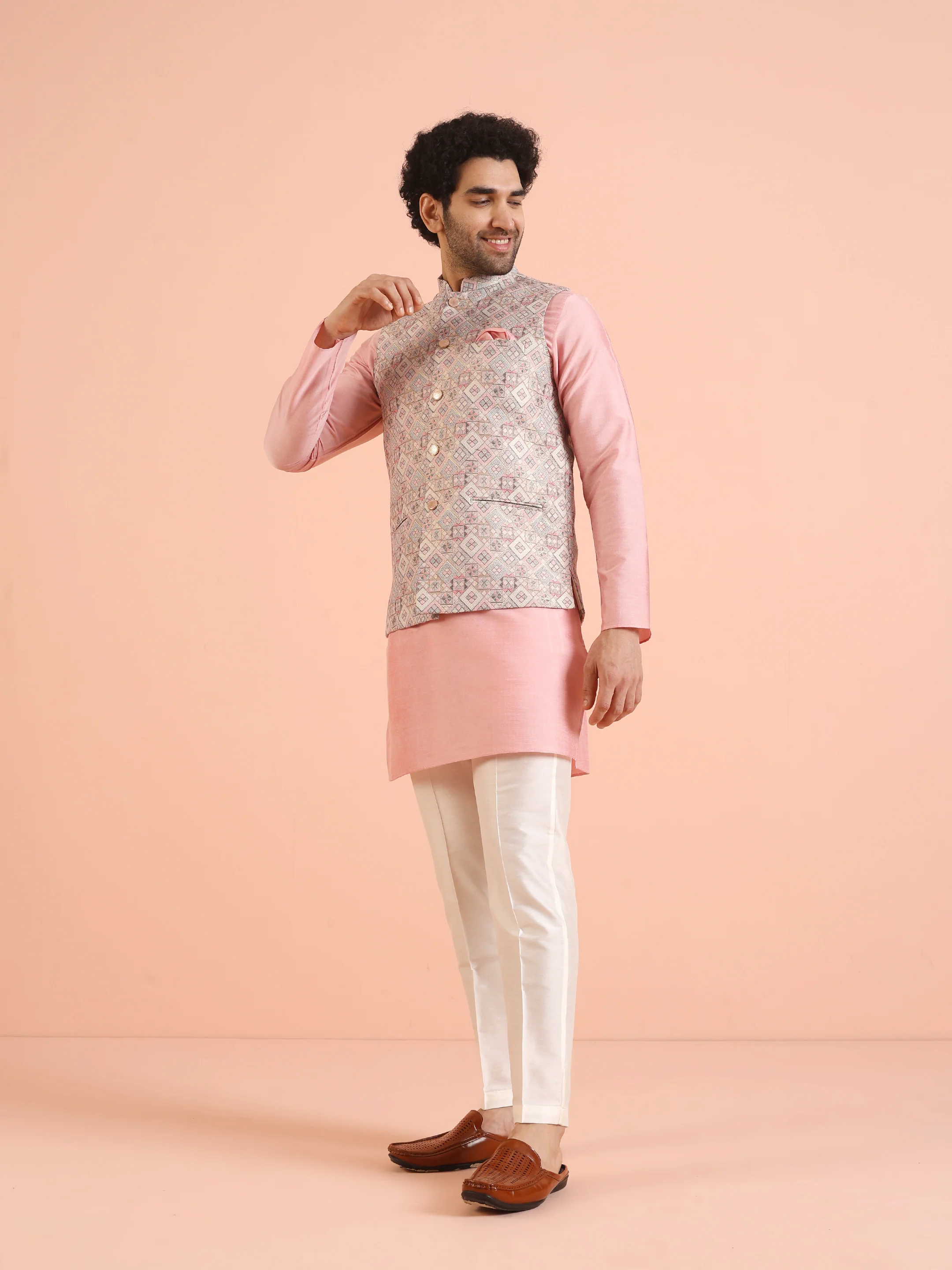 Men Multi Jacquard Geometric Nehru Jacket - Image 3