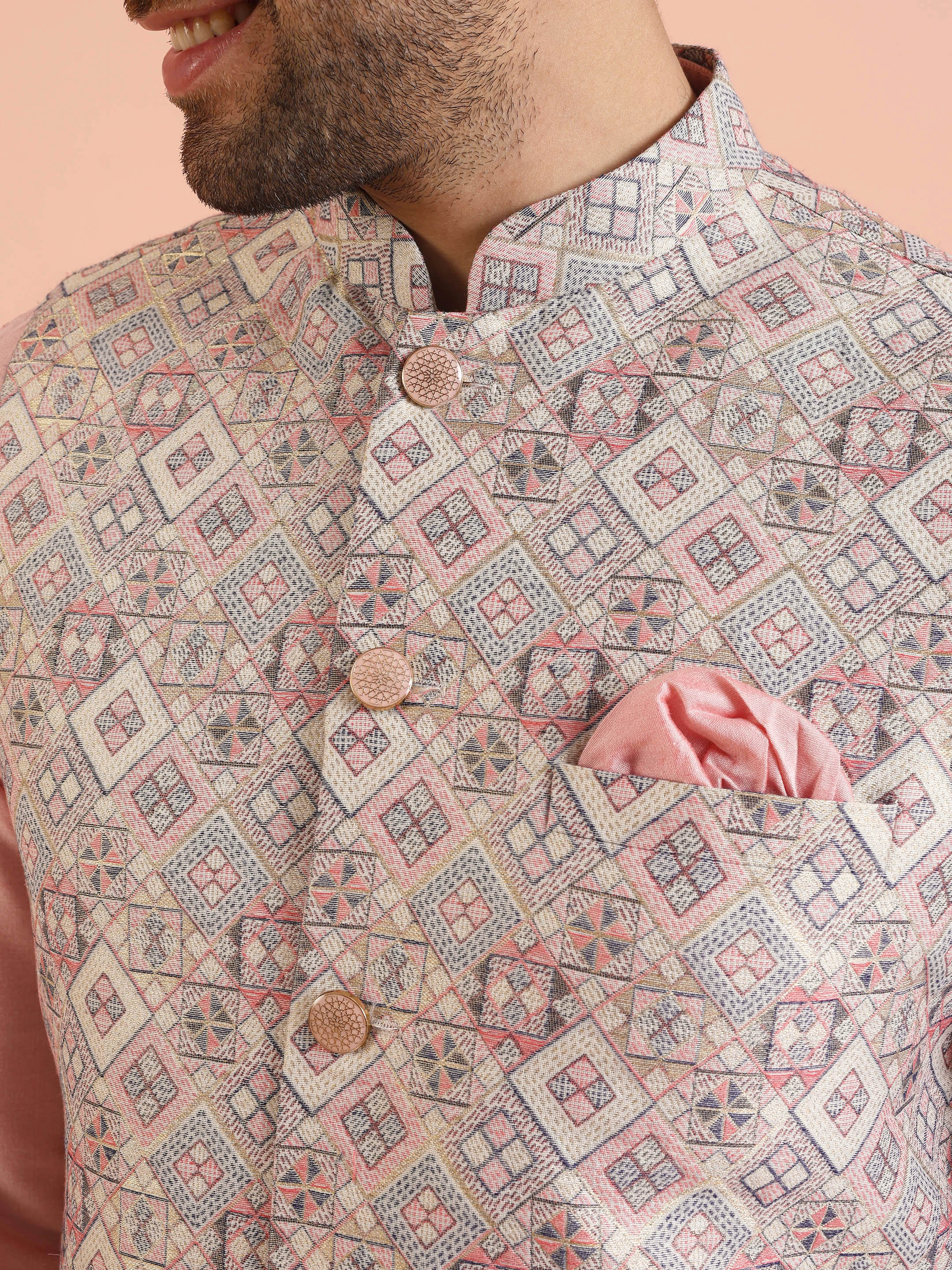 Men Multi Jacquard Geometric Nehru Jacket - Image 5