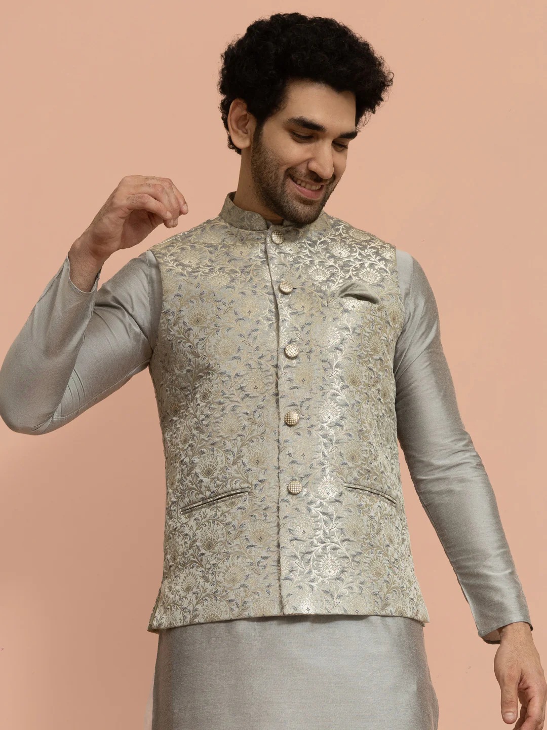 Men Grey Jacquard Floral Nehru Jacket