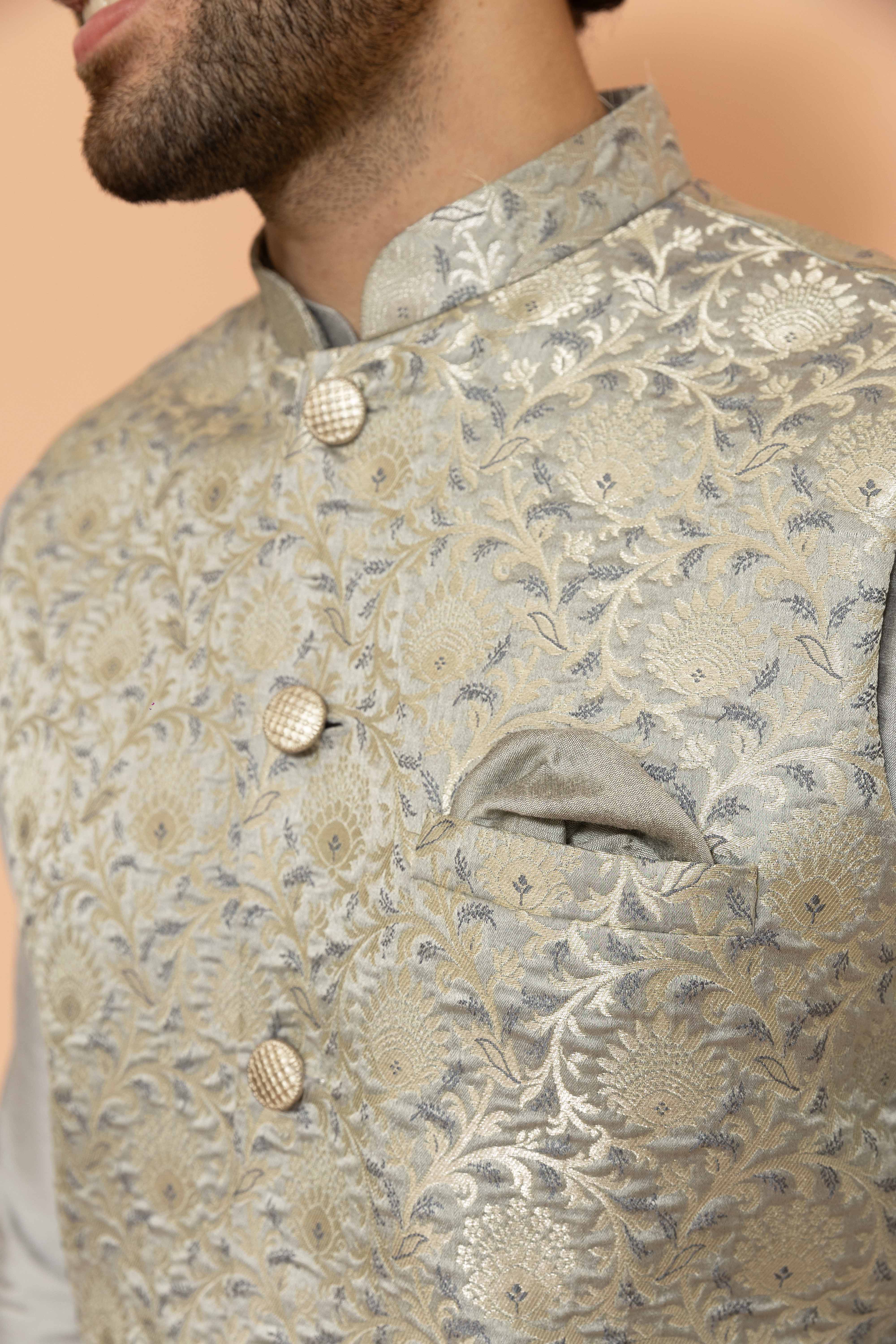Men Grey Jacquard Floral Nehru Jacket - Image 5