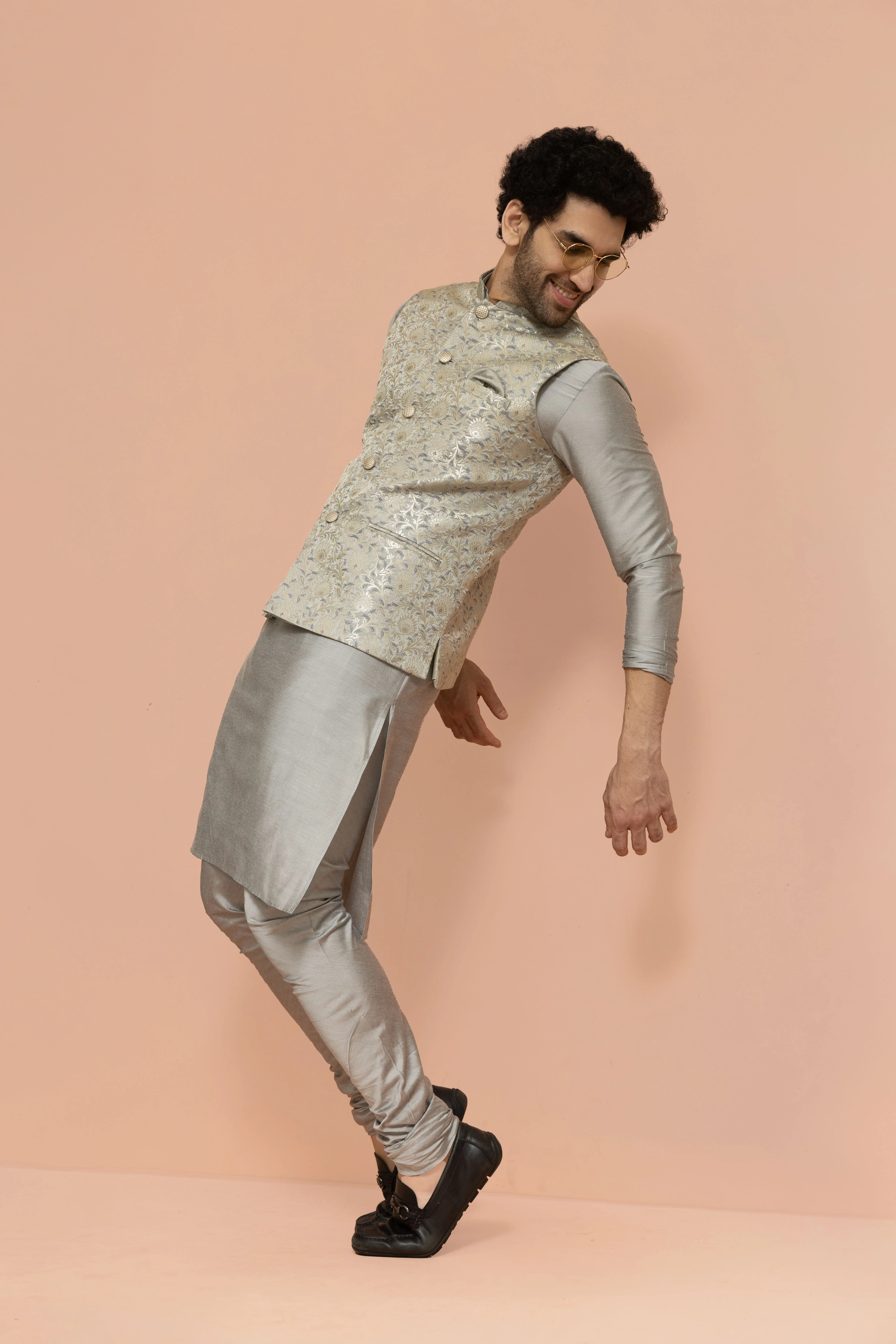 Men Grey Jacquard Floral Nehru Jacket - Image 6
