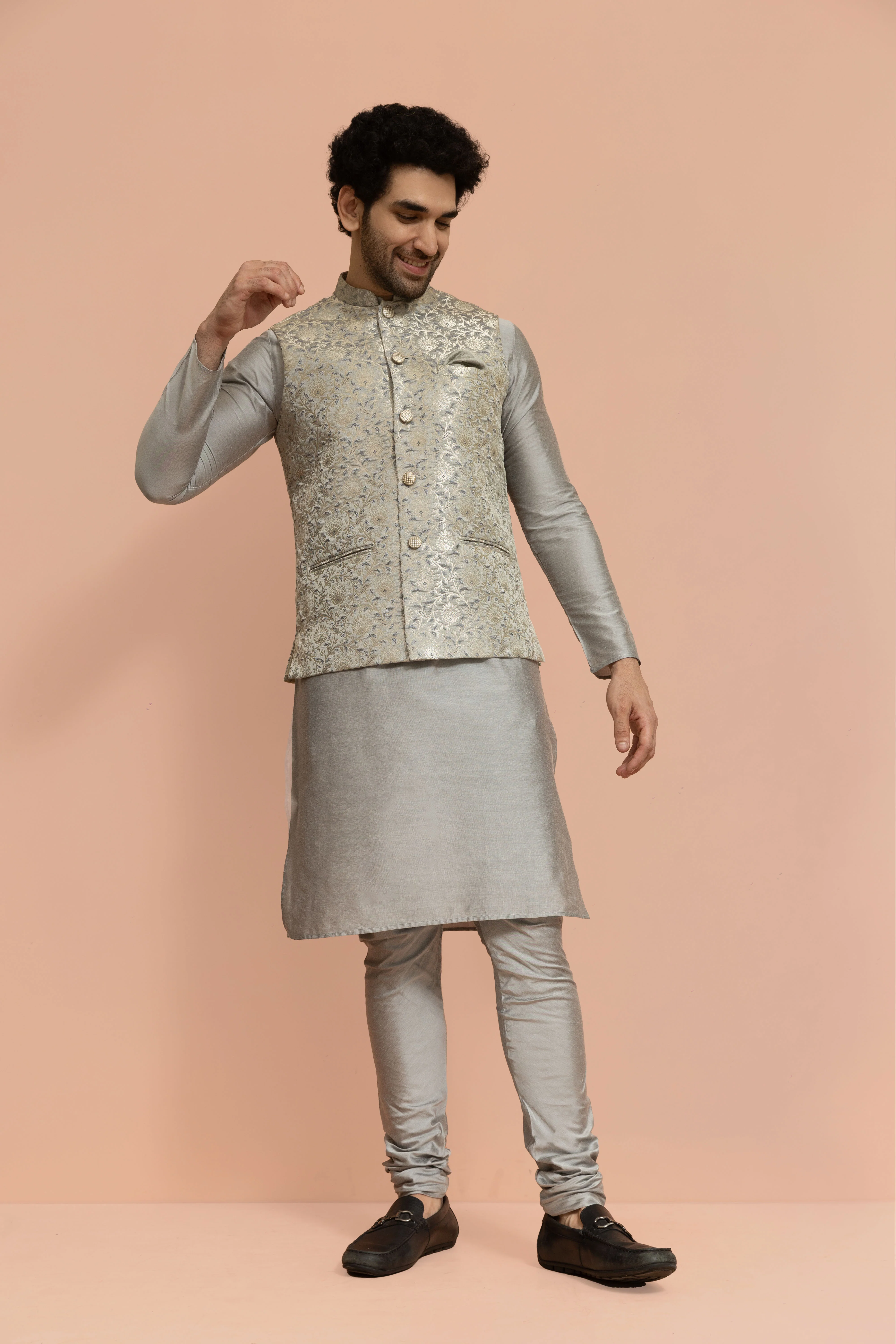 Men Grey Jacquard Floral Nehru Jacket - Image 7
