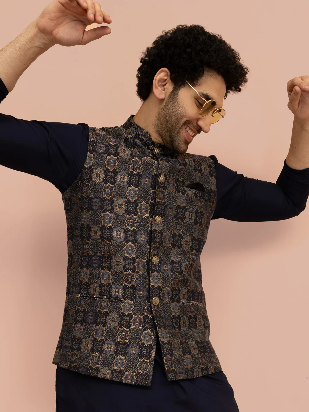 Men Navy Blue Jacquard Geometric Jacket
