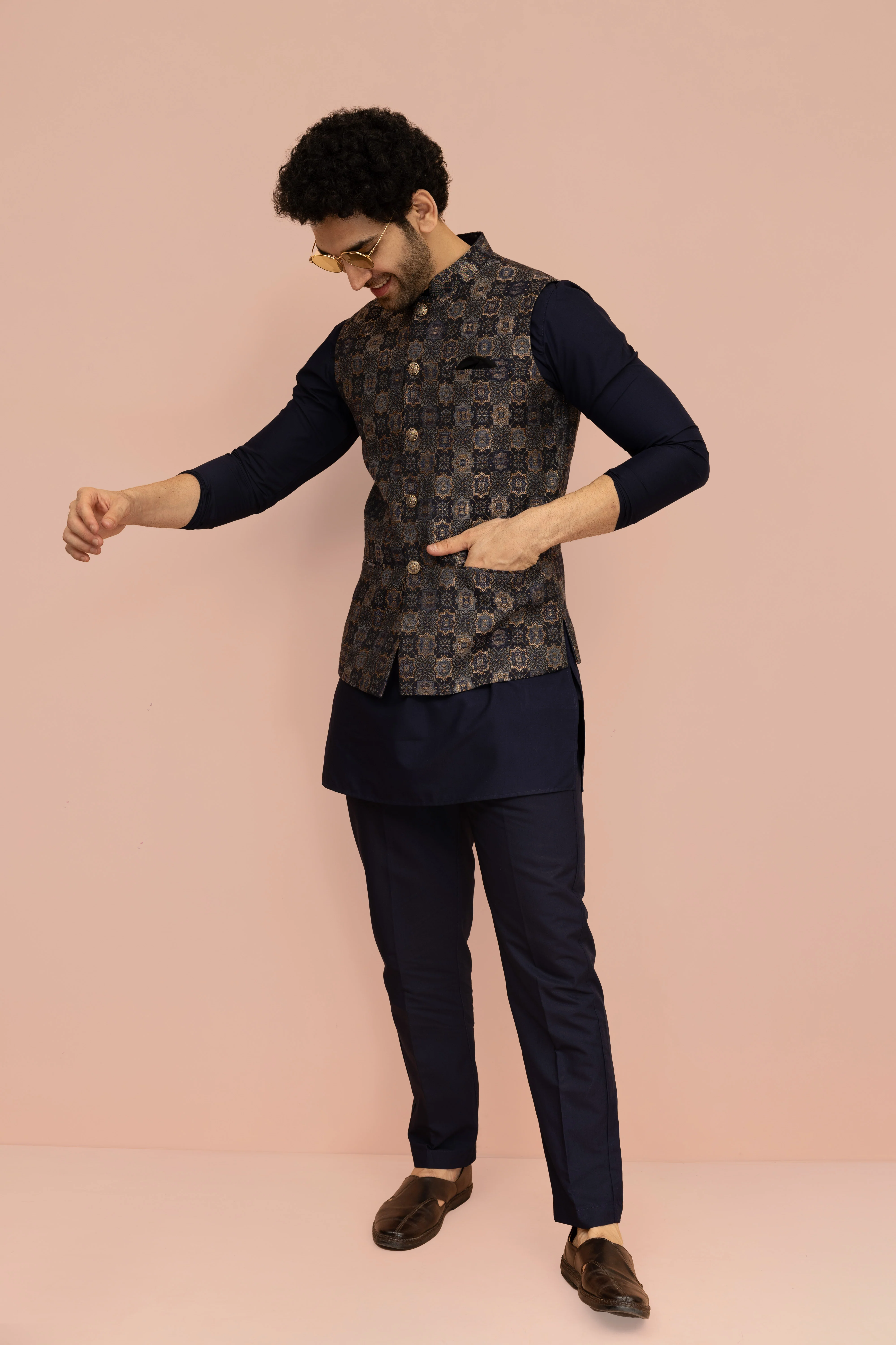 Men Navy Blue Jacquard Geometric Jacket - Image 2