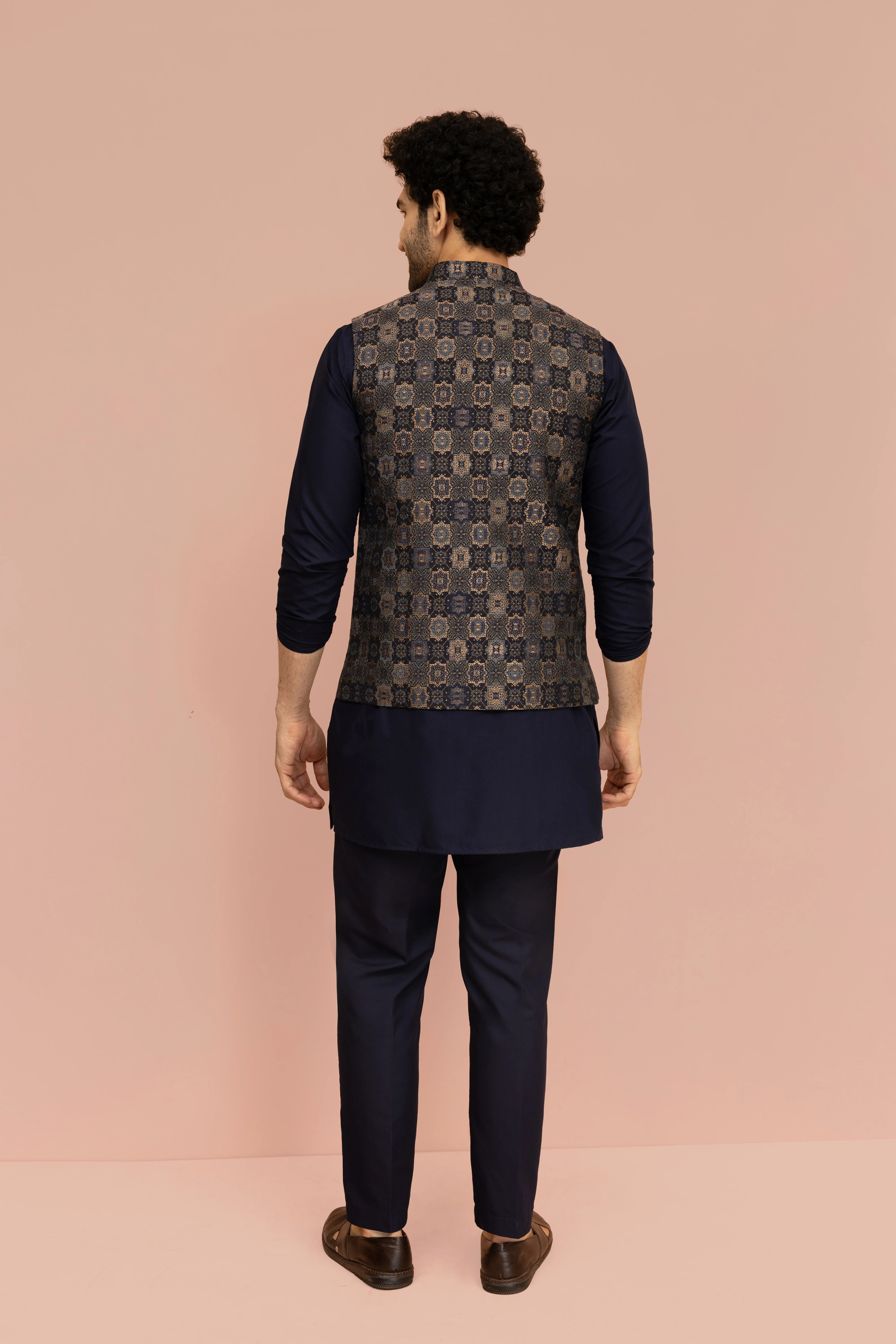 Men Navy Blue Jacquard Geometric Jacket - Image 4
