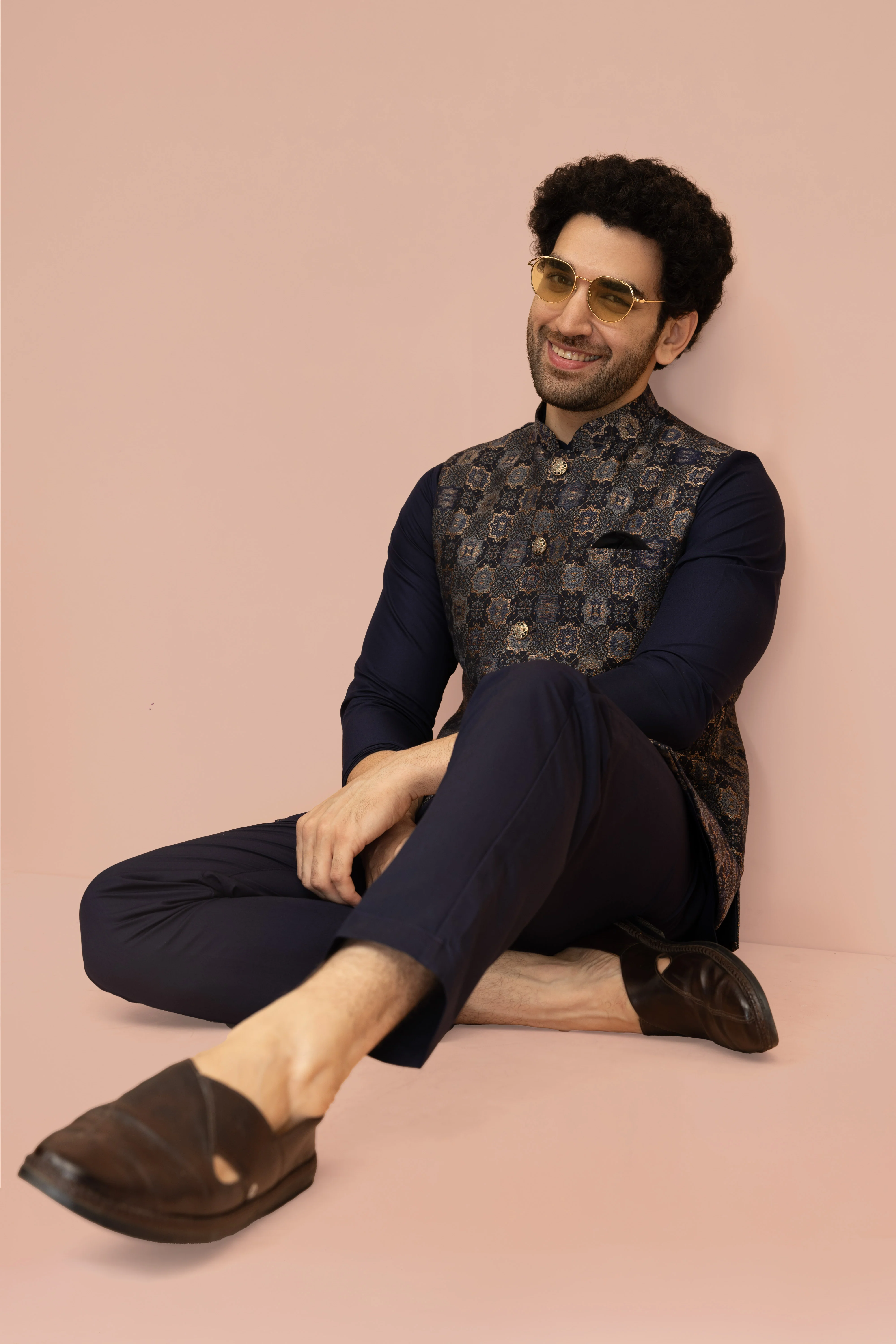 Men Navy Blue Jacquard Geometric Jacket - Image 6