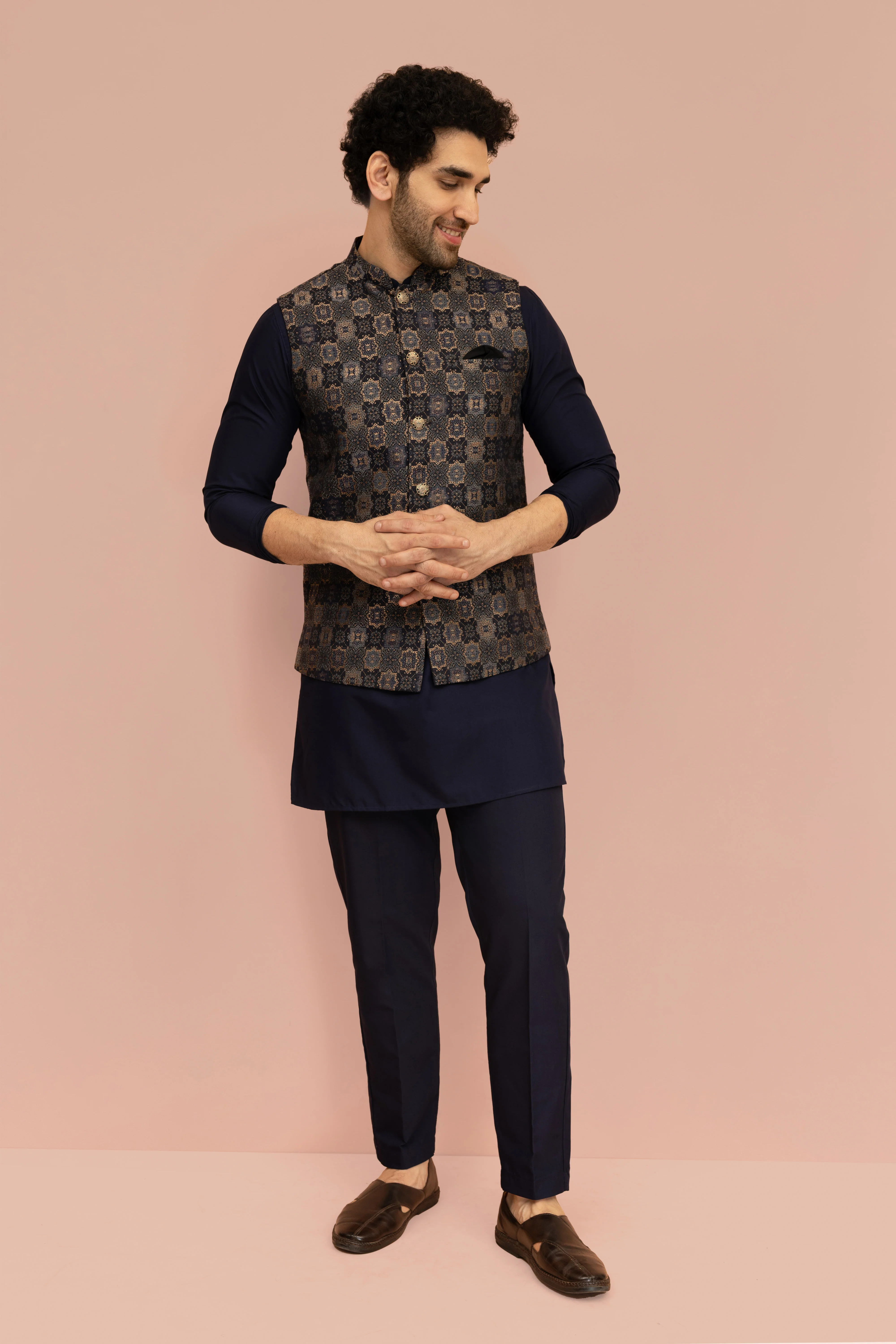 Men Navy Blue Jacquard Geometric Jacket - Image 7
