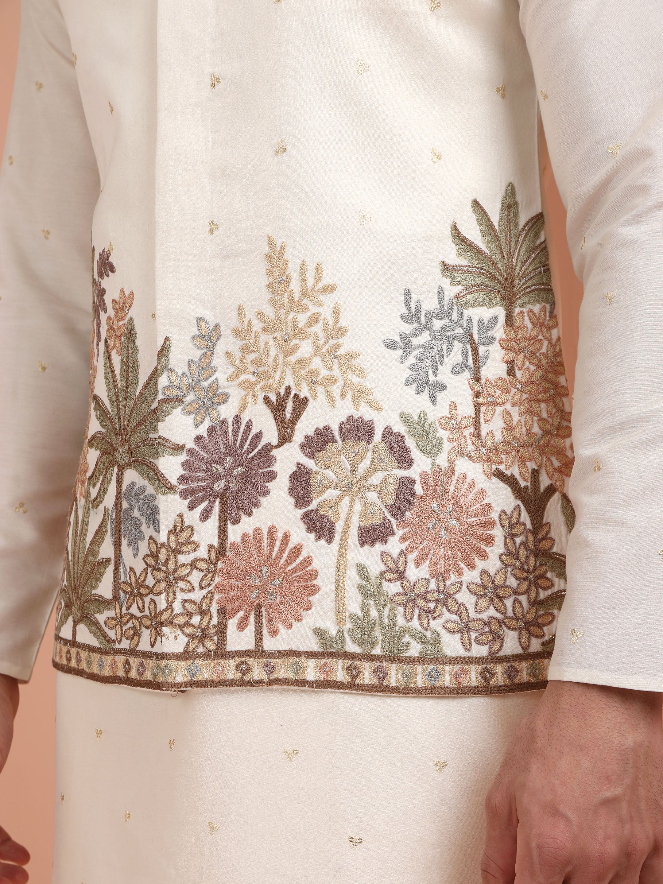 Cream Floral Embroidered Nehru Jacket - Image 6