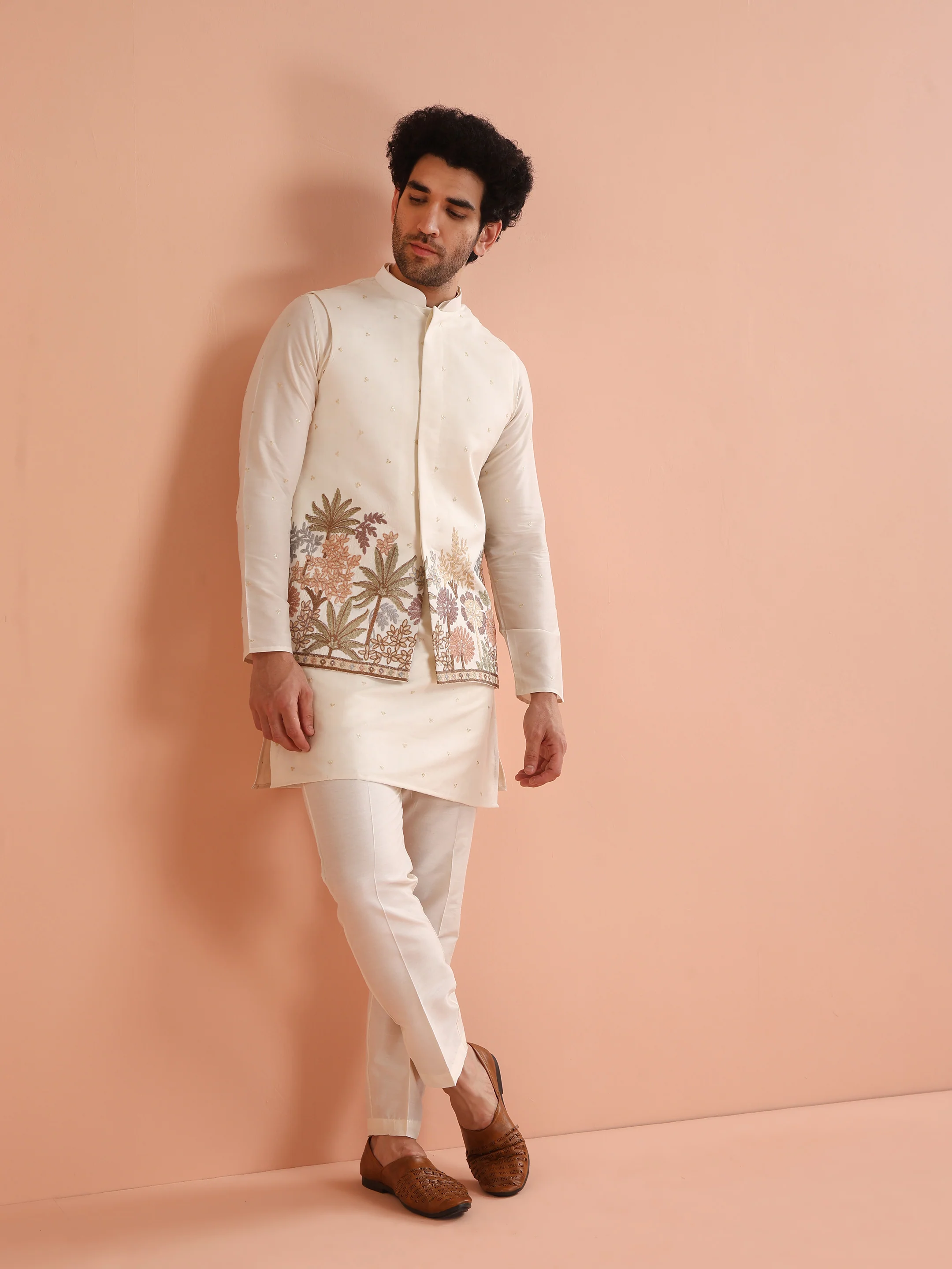 Cream Floral Embroidered Nehru Jacket - Image 7