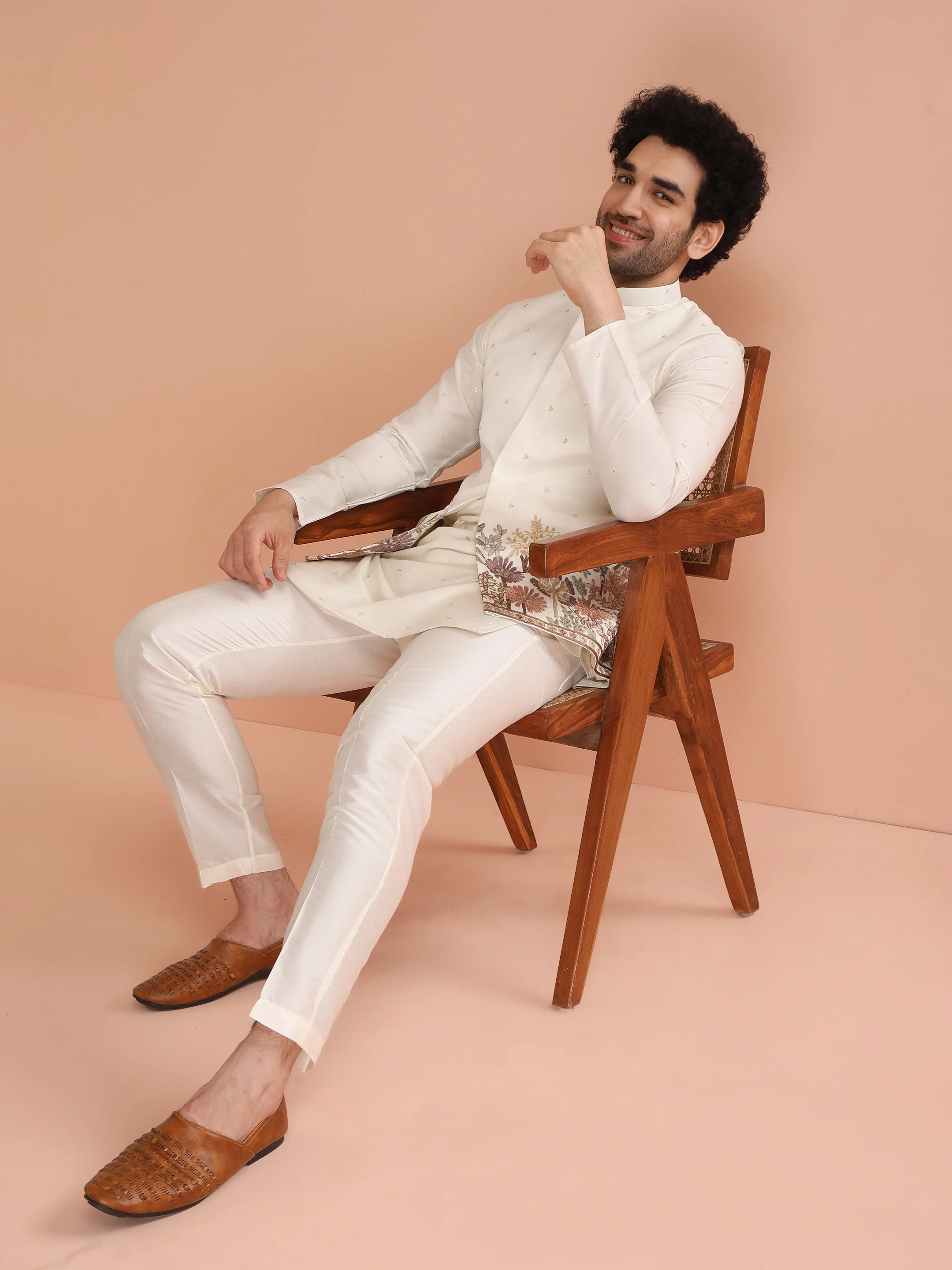 Cream Floral Embroidered Nehru Jacket - Image 8