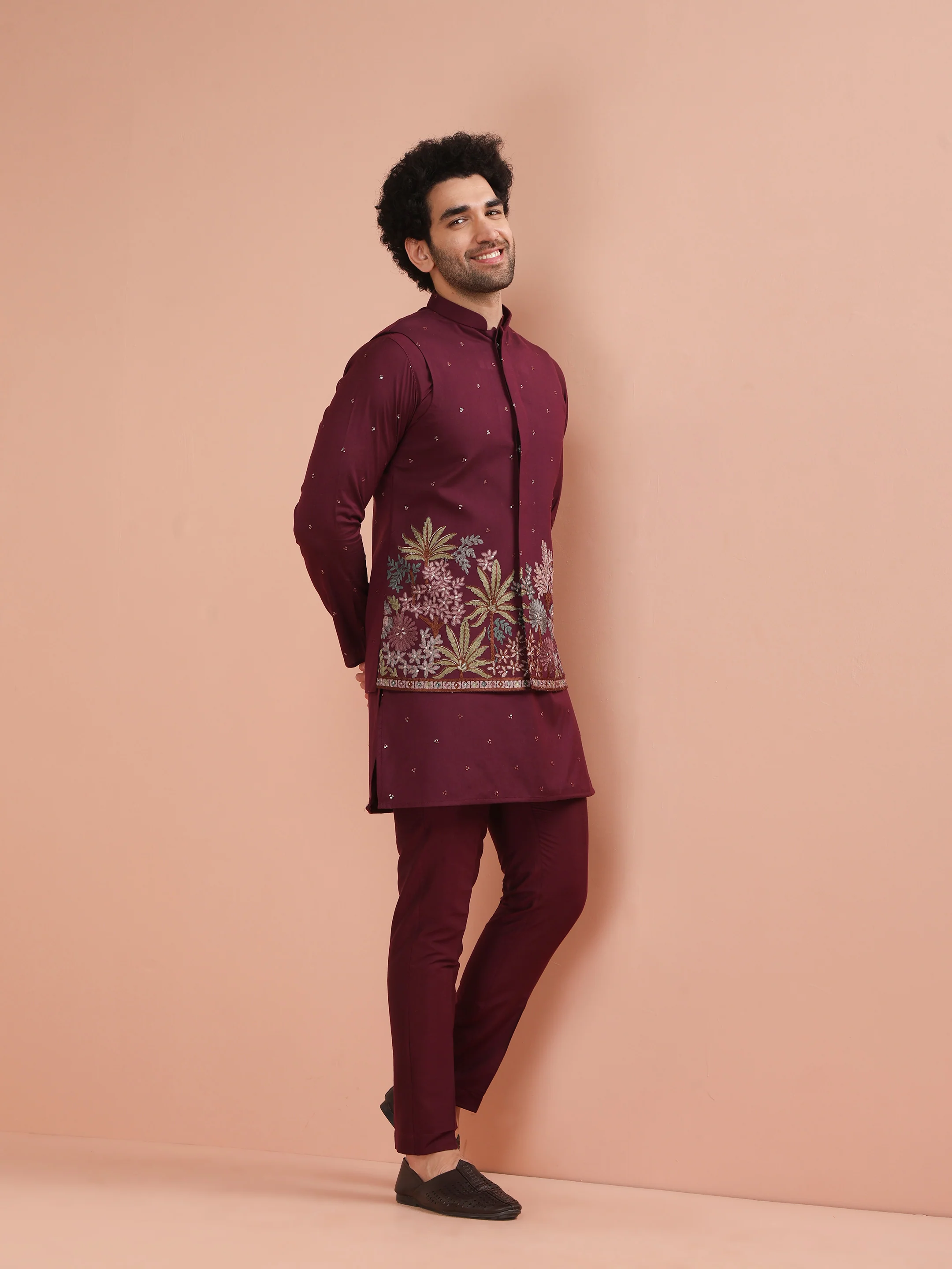 Wine Embroidered Floral Nehru Jacket - Image 3