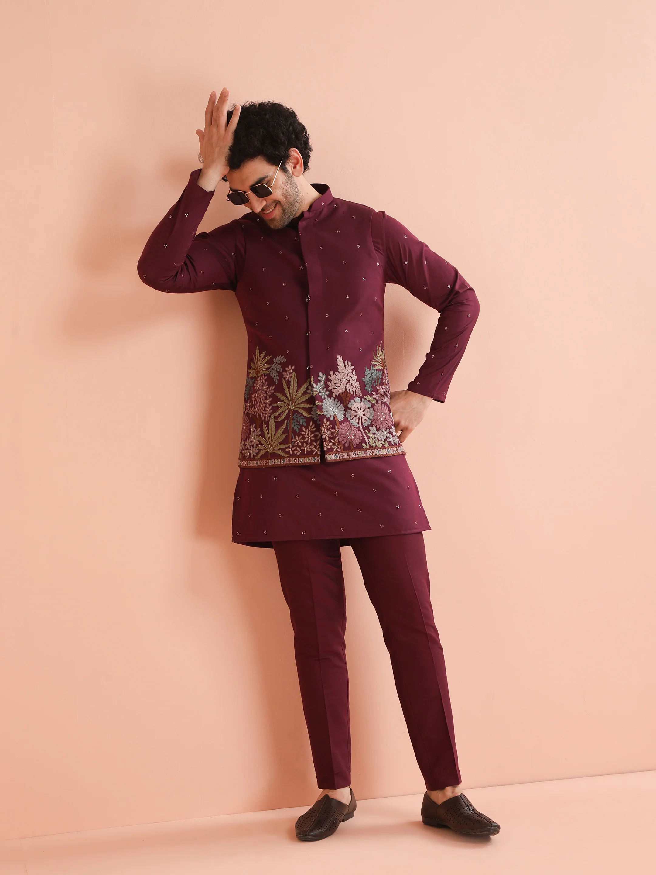 Wine Embroidered Floral Nehru Jacket - Image 6
