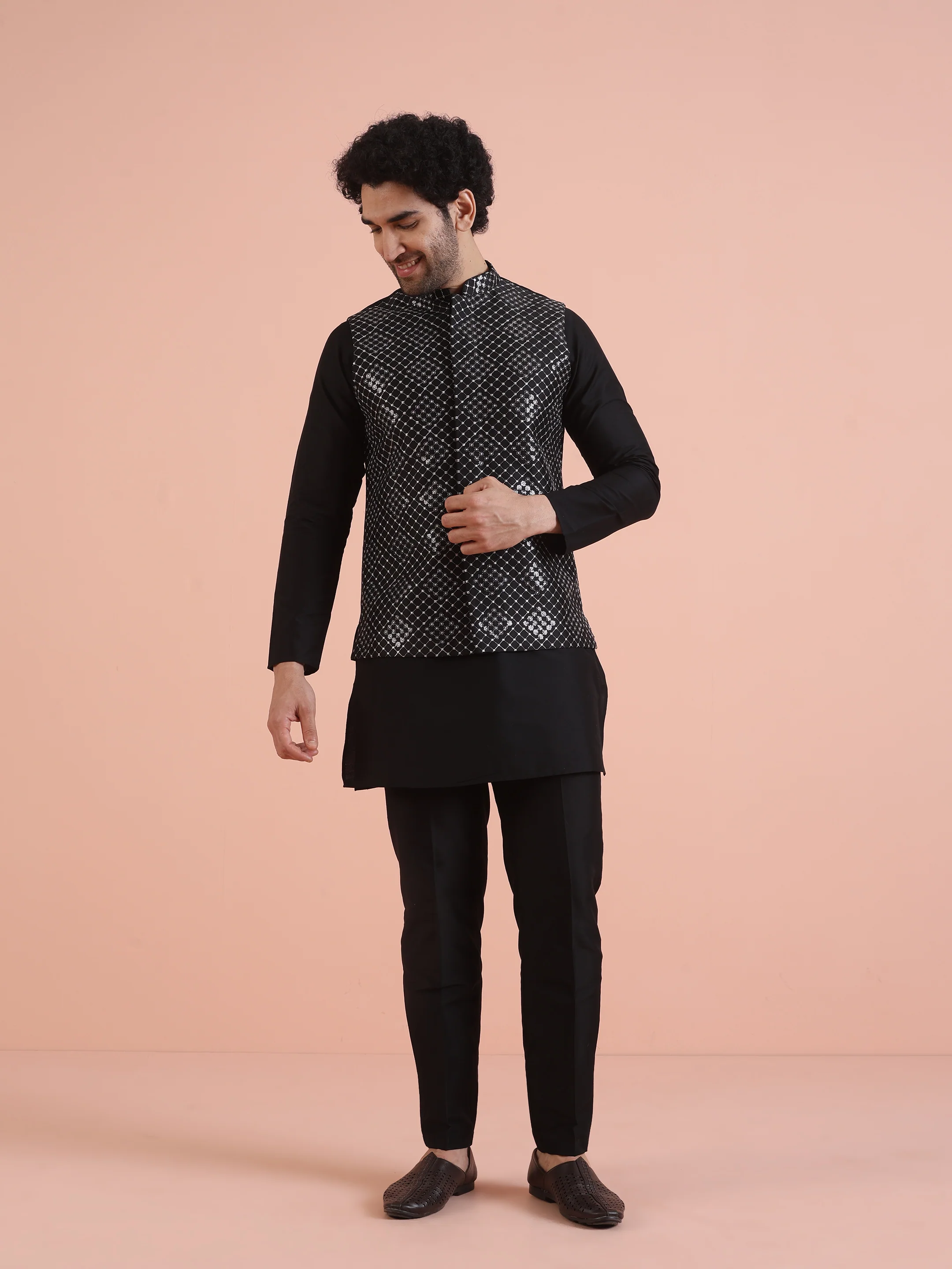 Men Black Embroidered Nehru Jacket with Thread Work - Image 2