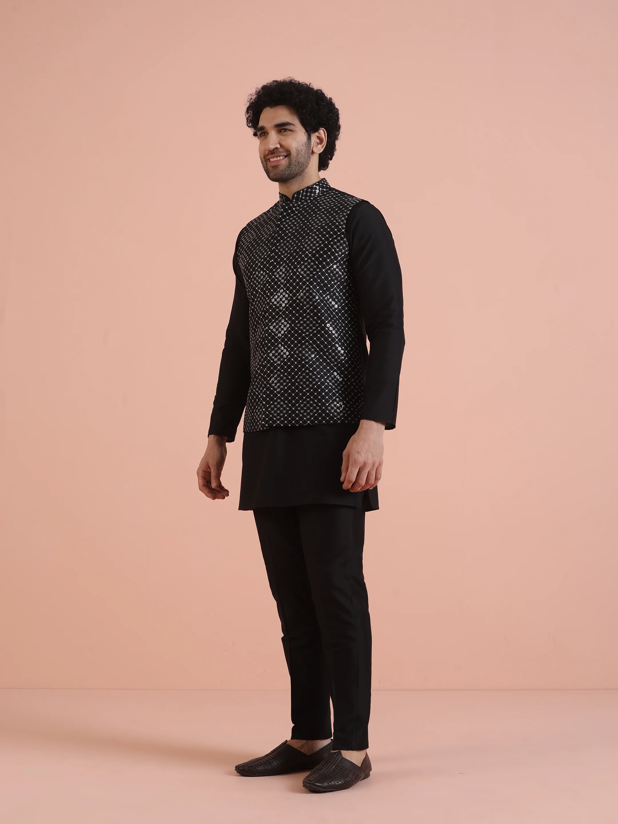Men Black Embroidered Nehru Jacket with Thread Work - Image 3