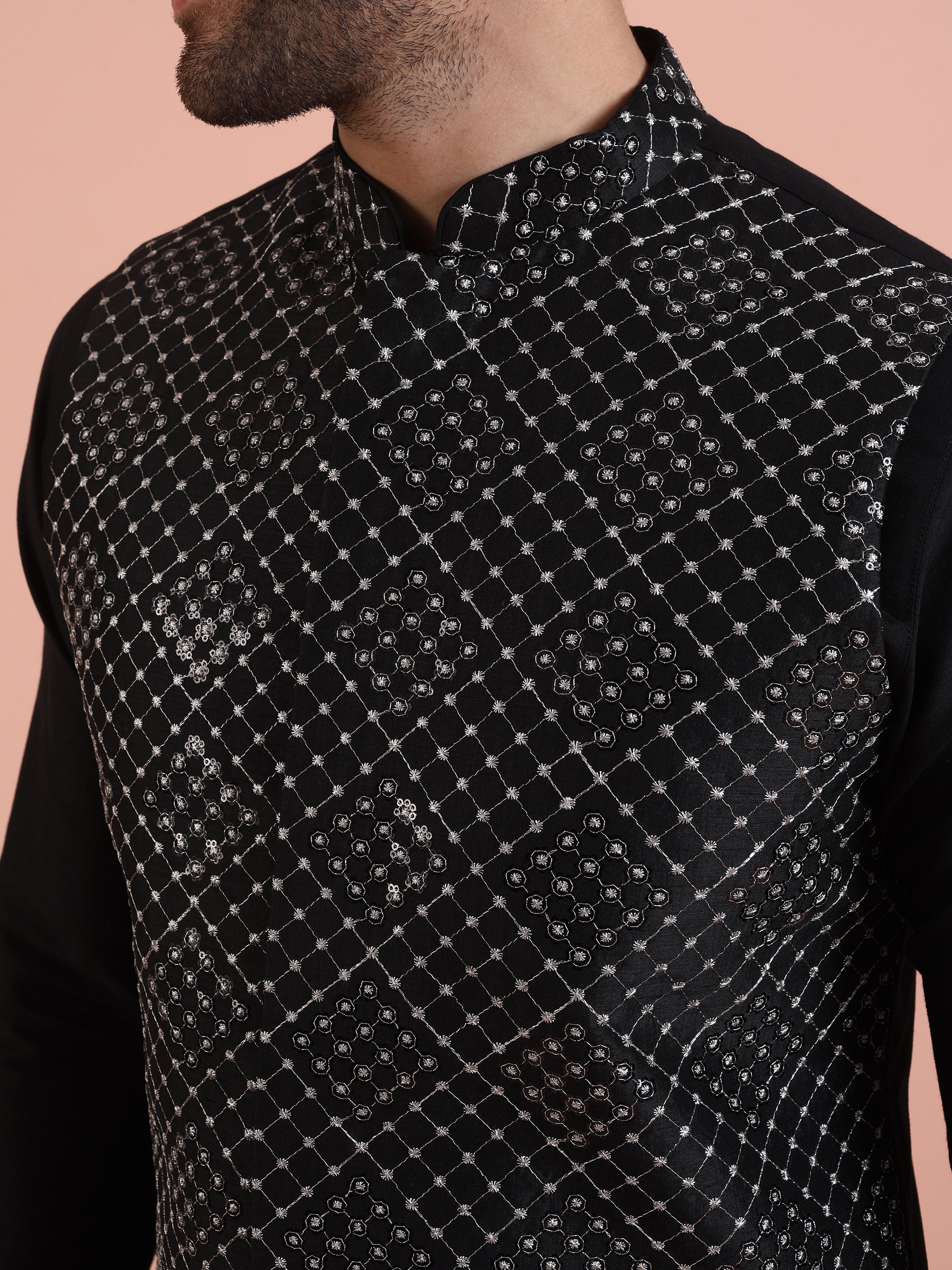Men Black Embroidered Nehru Jacket with Thread Work - Image 5
