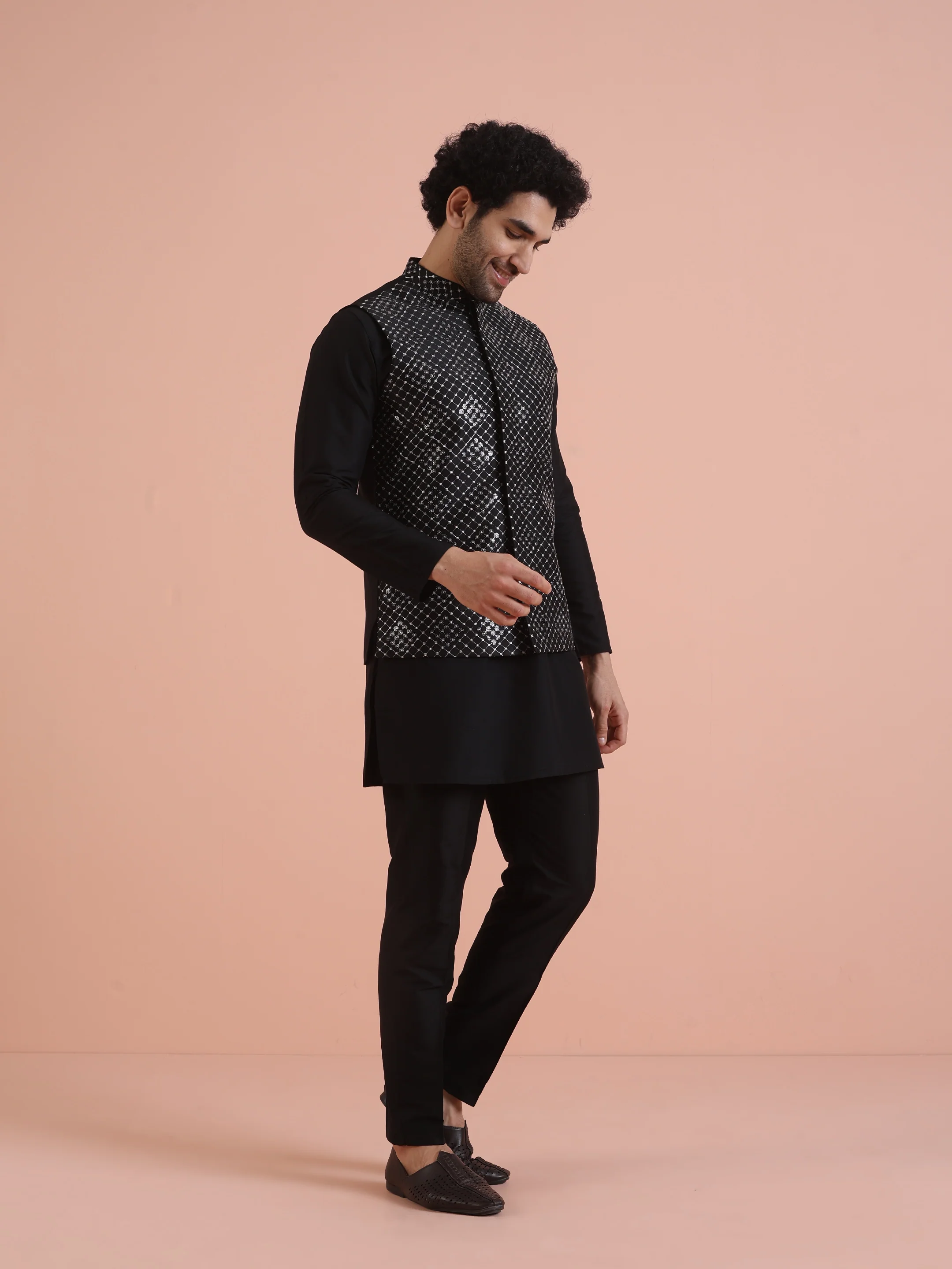 Men Black Embroidered Nehru Jacket with Thread Work - Image 6