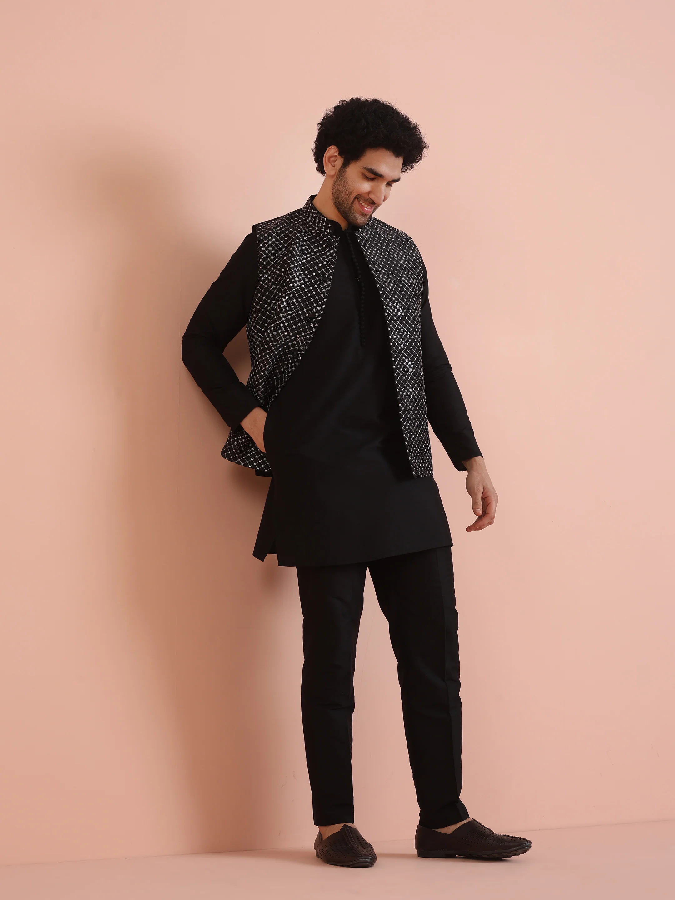 Men Black Embroidered Nehru Jacket with Thread Work - Image 8