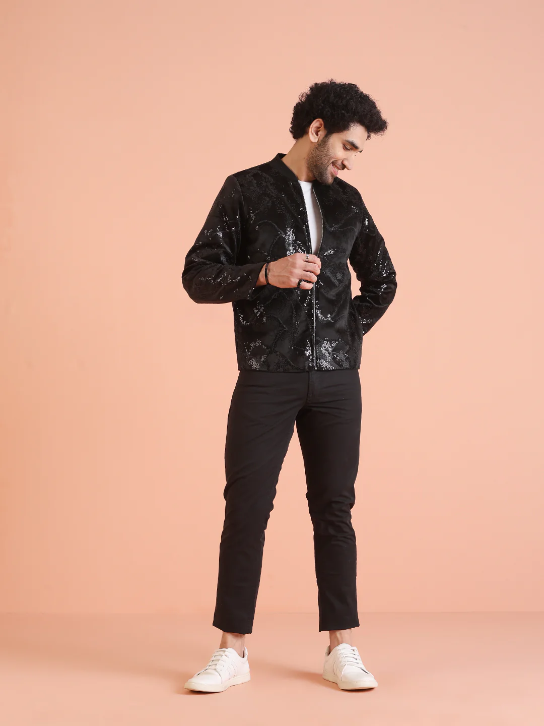 Men Black Abstract Bomber Jacket with Sequence - Image 6