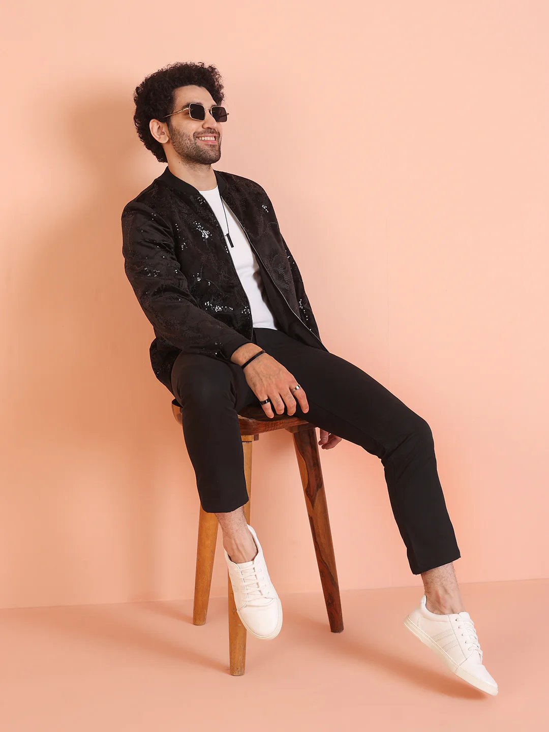 Men Black Abstract Bomber Jacket with Sequence - Image 7