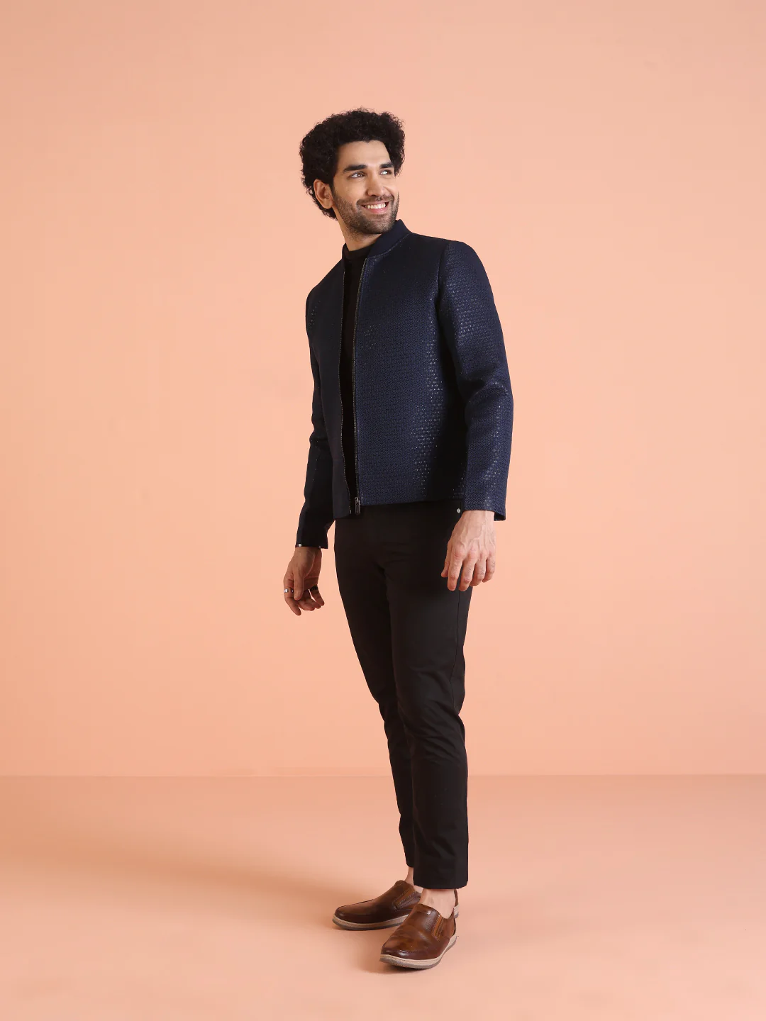 Men Navy Blue Woven Design Bomber Jacket with Sequence - Image 4