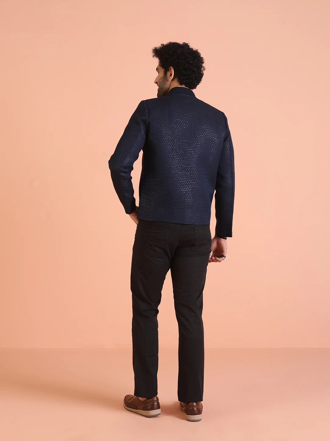 Men Navy Blue Woven Design Bomber Jacket with Sequence - Image 5