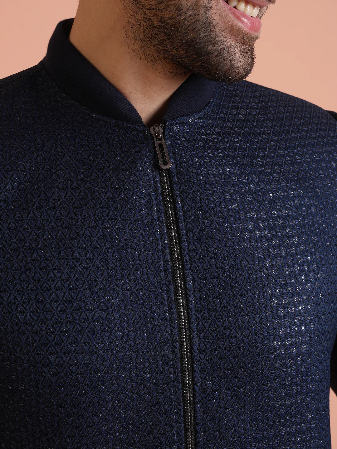 Men Navy Blue Woven Design Bomber Jacket with Sequence - Image 6