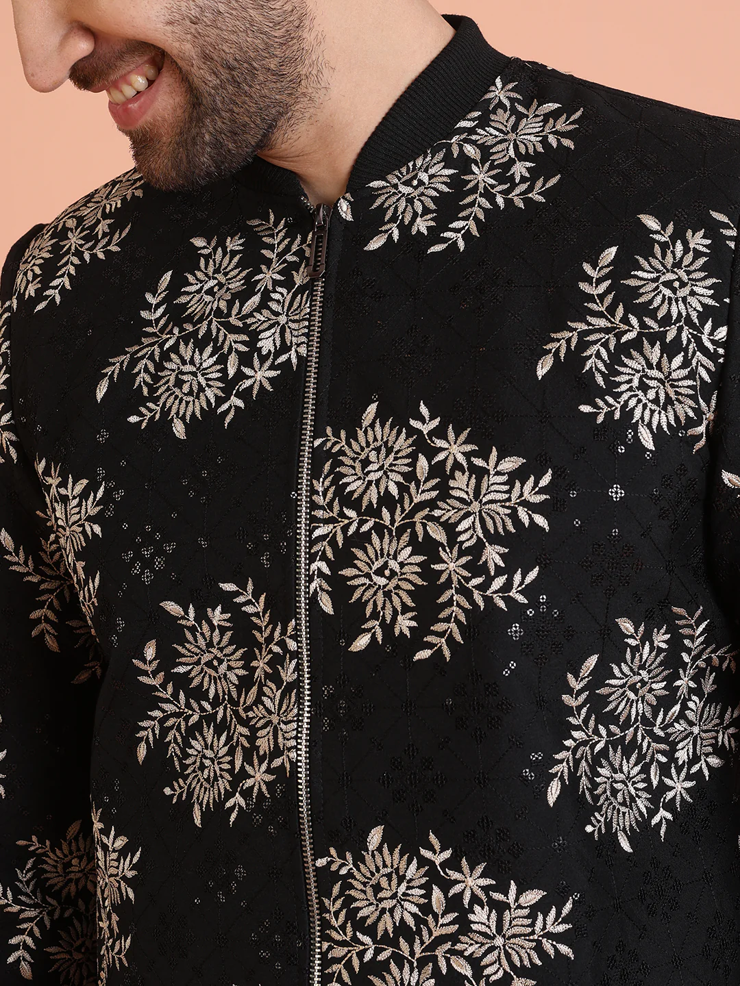 Men Black Embroidered Bomber Jacket with Thread Work - Image 6