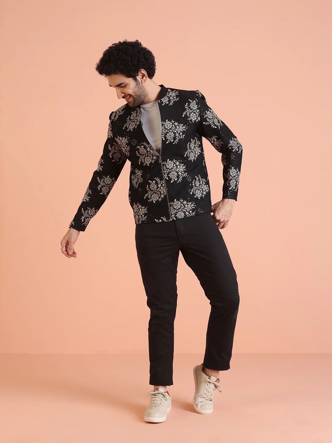 Men Black Embroidered Bomber Jacket with Thread Work - Image 7