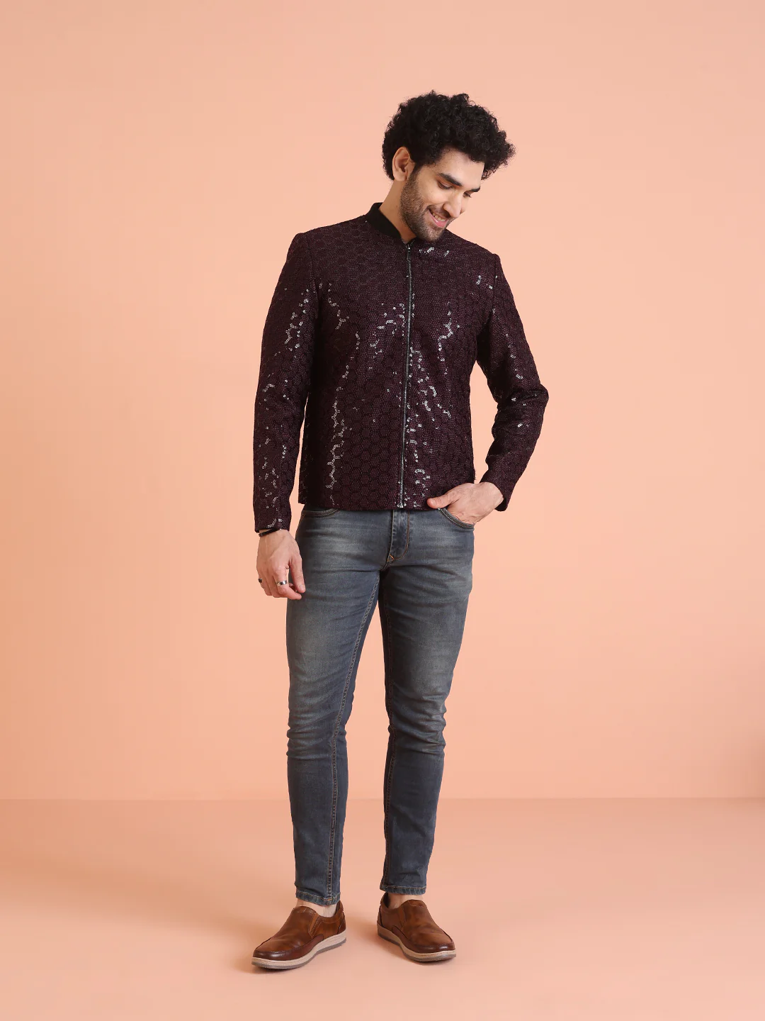Men Wine Embellished Bomber Jacket with Sequence - Image 4