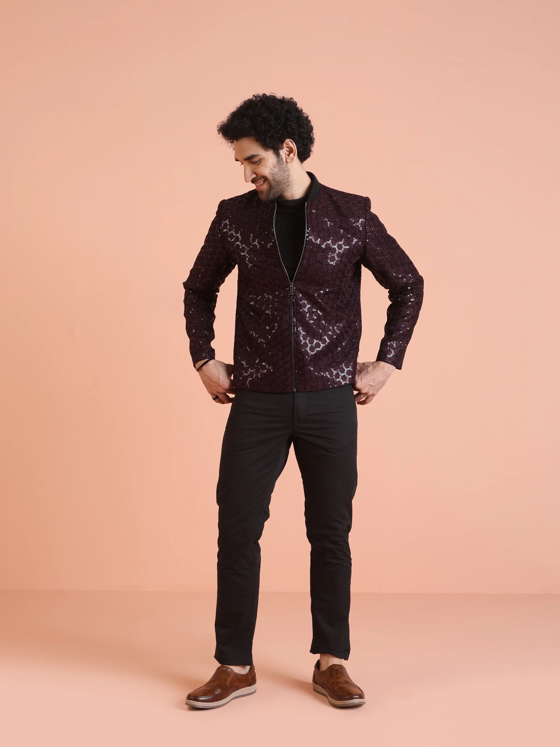 Men Wine Embellished Bomber Jacket with Sequence - Image 9