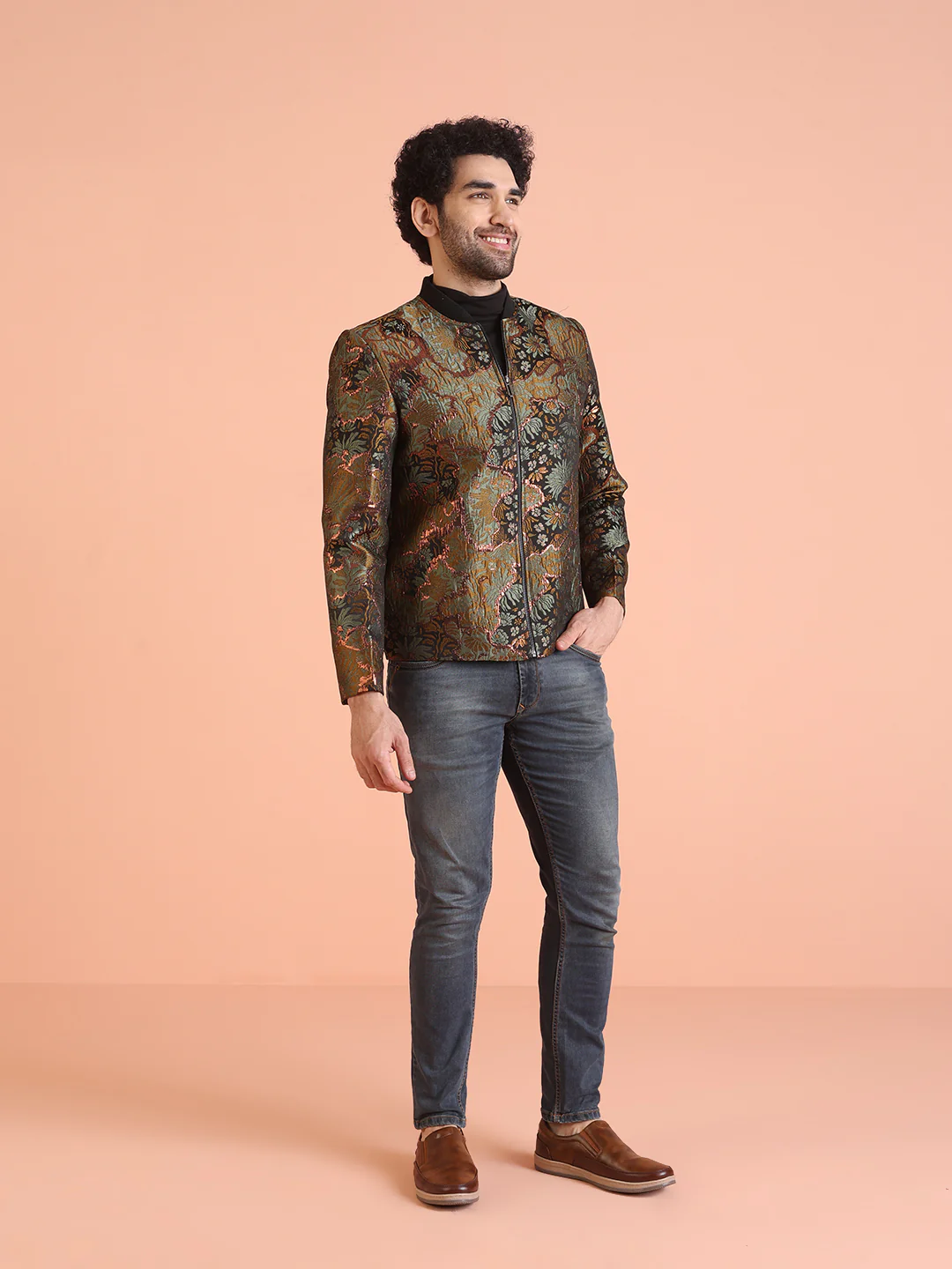 Men Green Abstract Bomber Jacket with Zari Work - Image 3