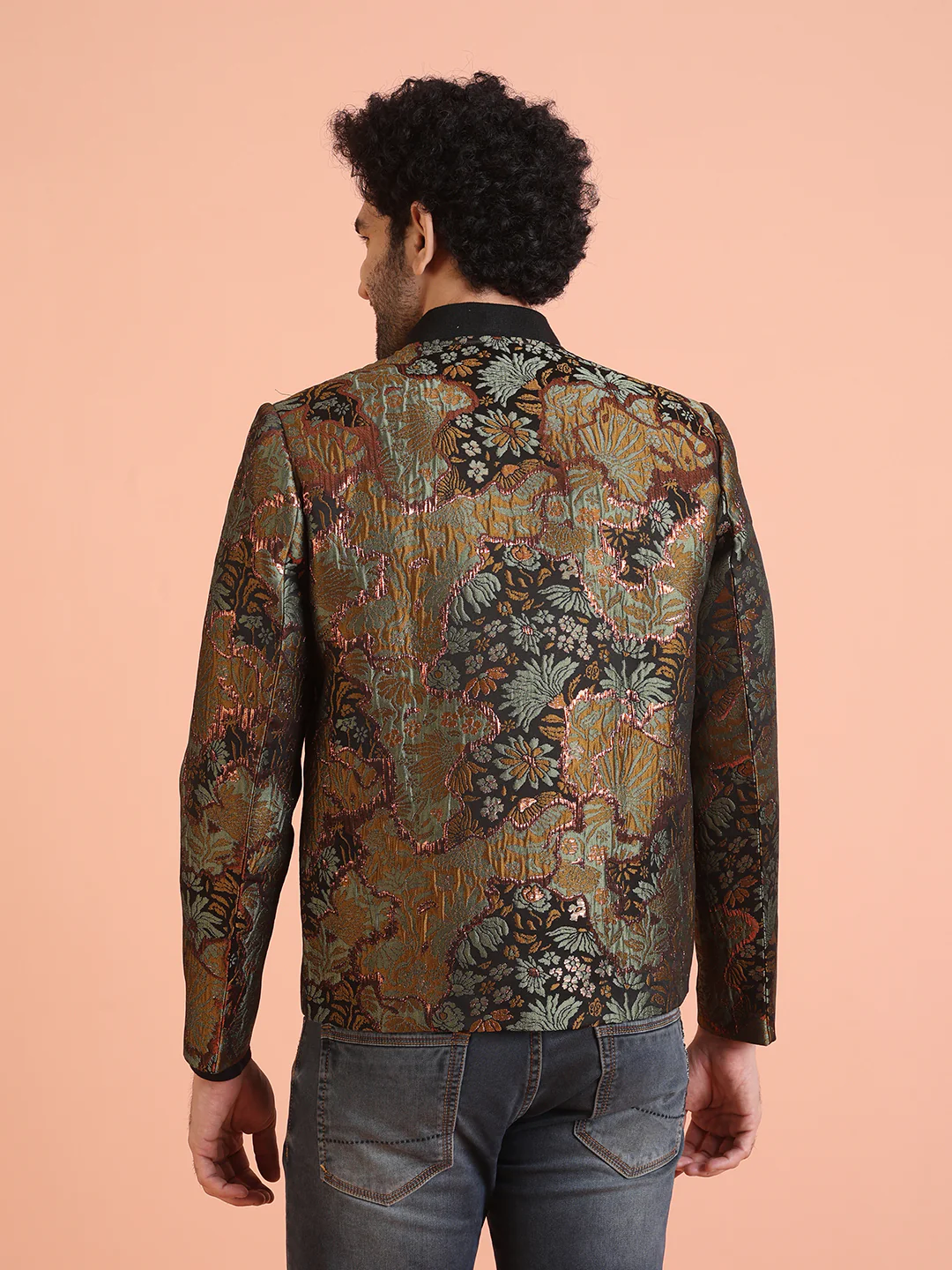 Men Green Abstract Bomber Jacket with Zari Work - Image 4