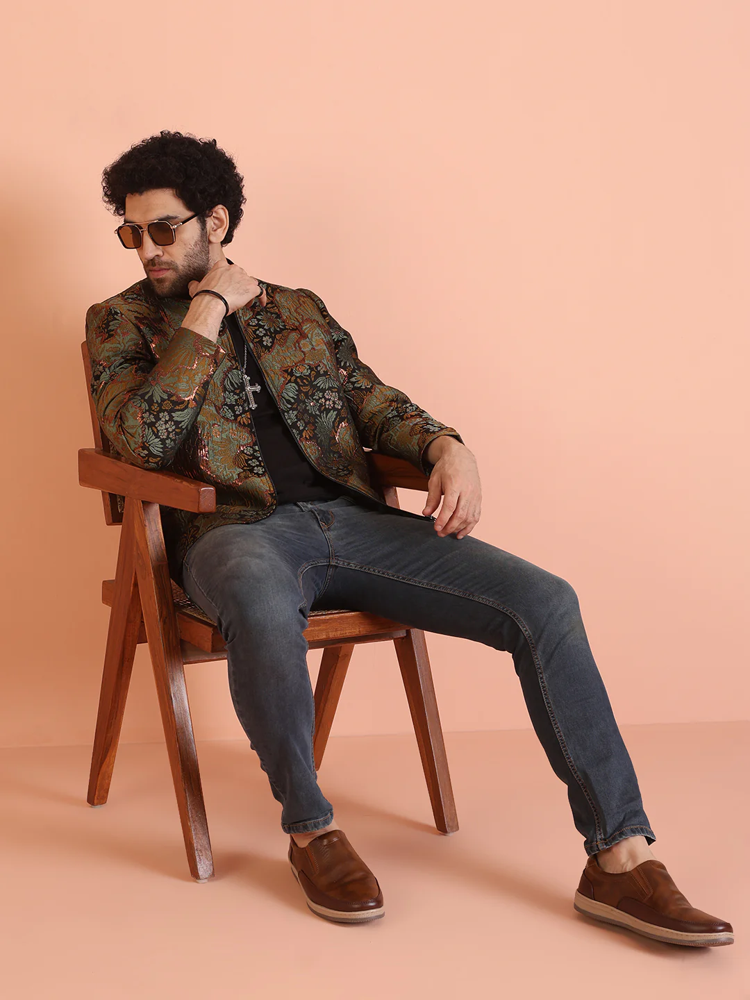 Men Green Abstract Bomber Jacket with Zari Work - Image 6