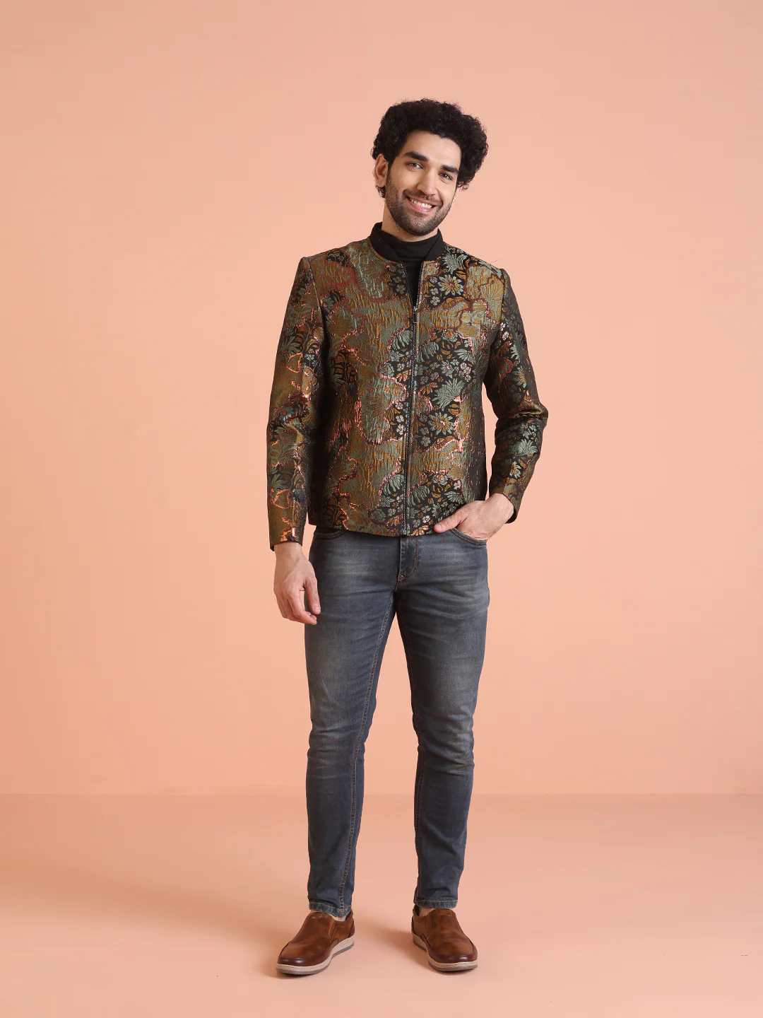 Men Green Abstract Bomber Jacket with Zari Work - Image 7