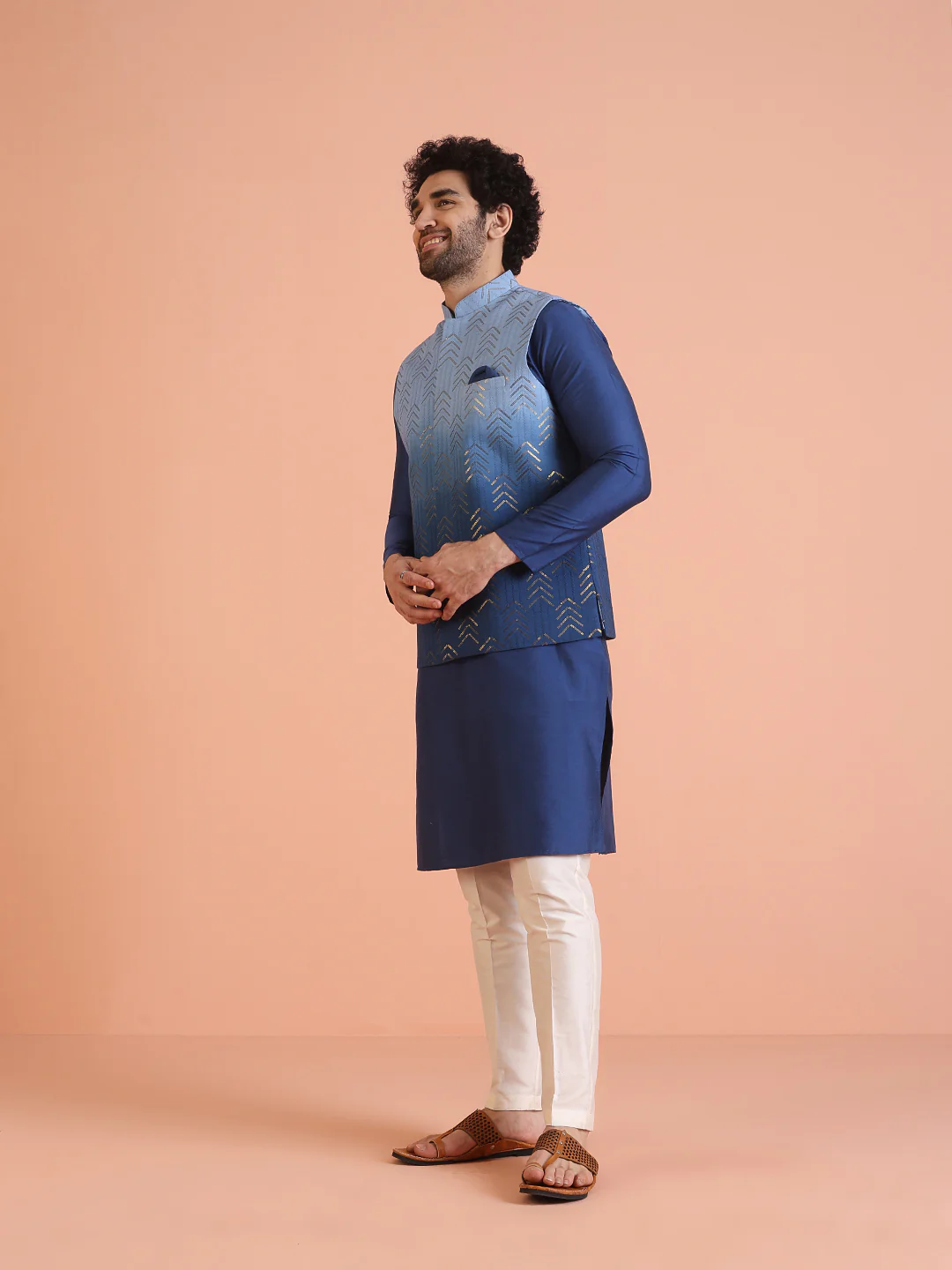 Men Ombre Embellished Sequinned Nehru Jacket - Image 3