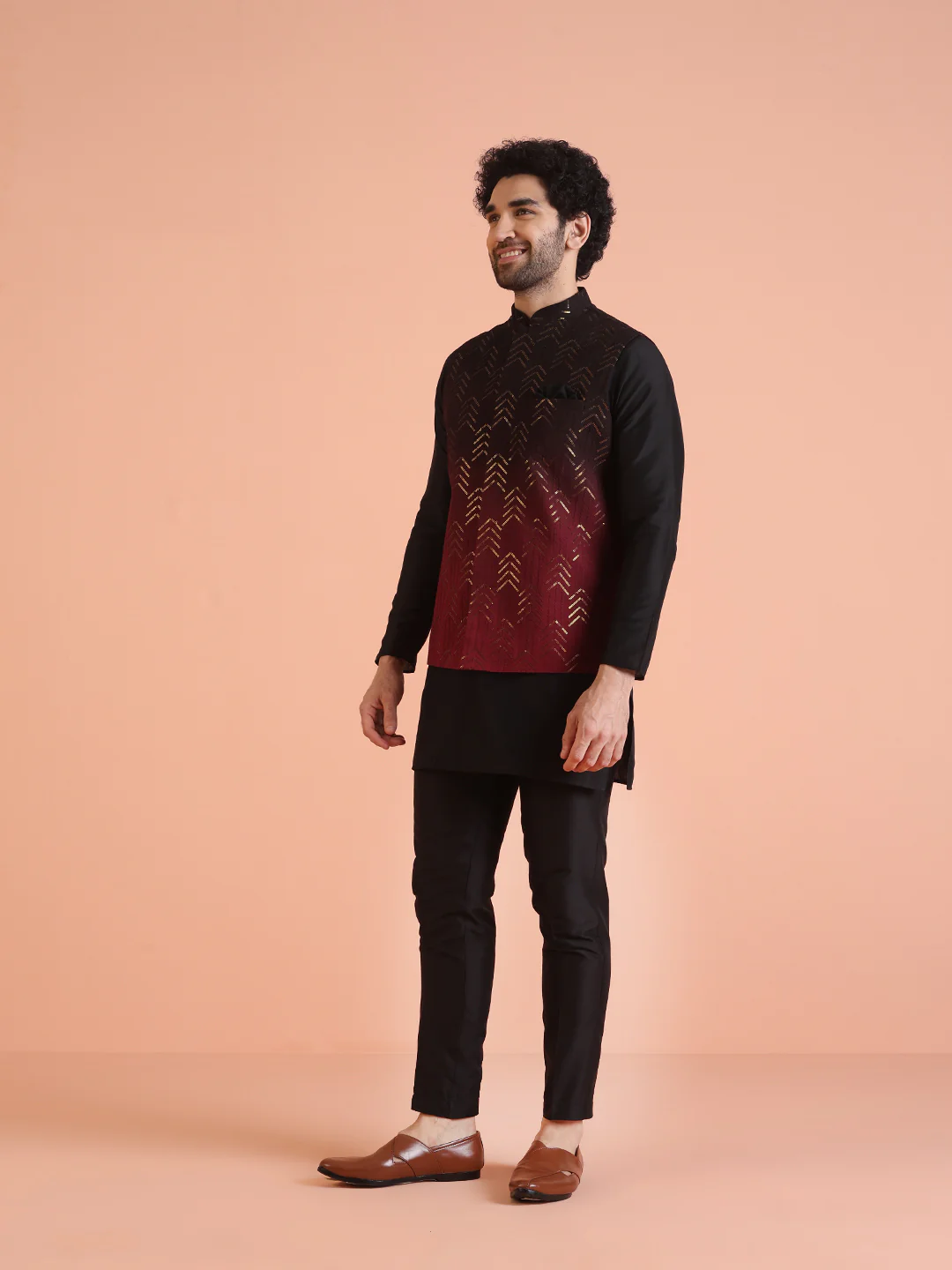 Men Ombre Embellished Sequinned Nehru Jacket - Image 3