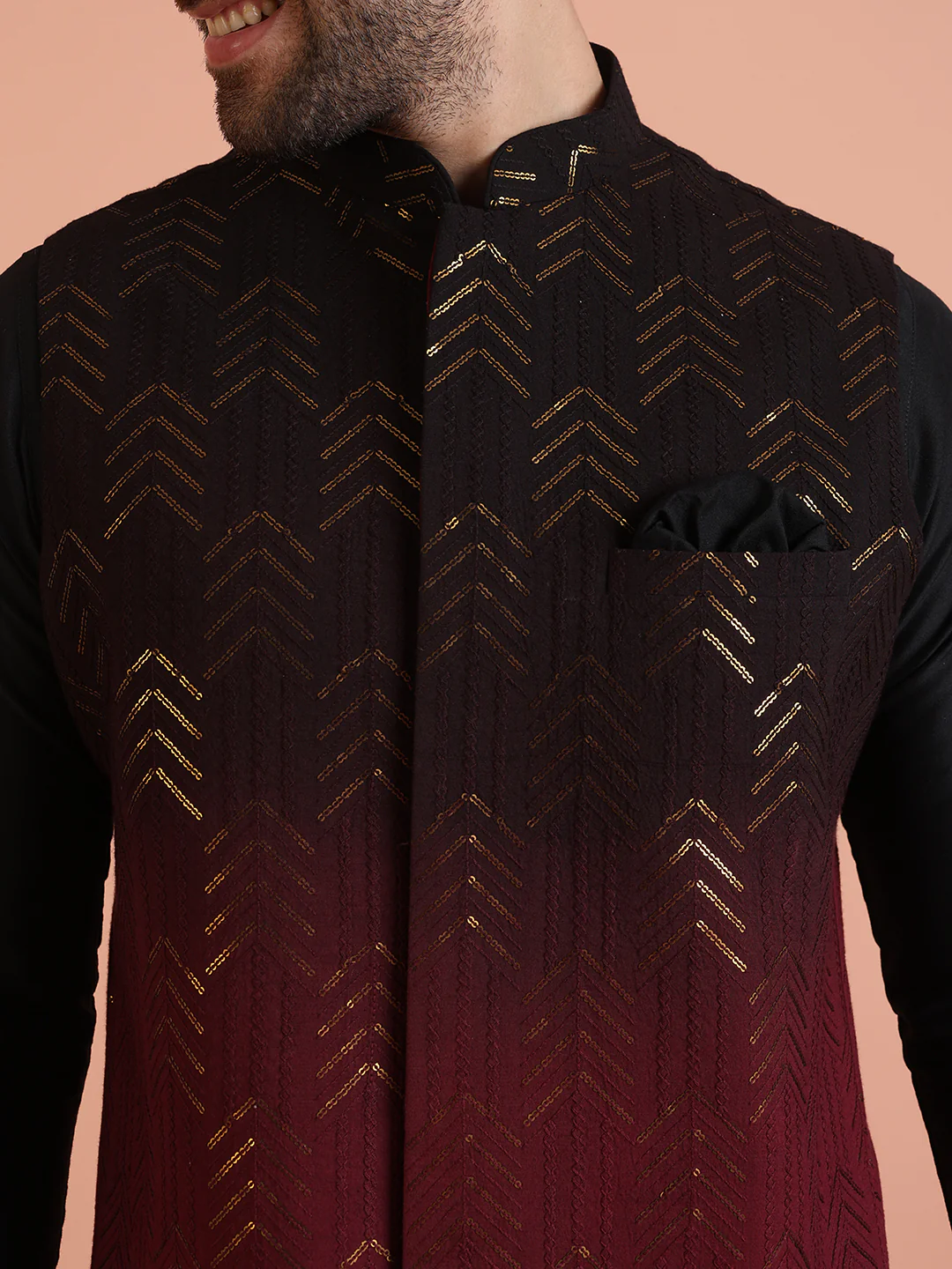 Men Ombre Embellished Sequinned Nehru Jacket - Image 5