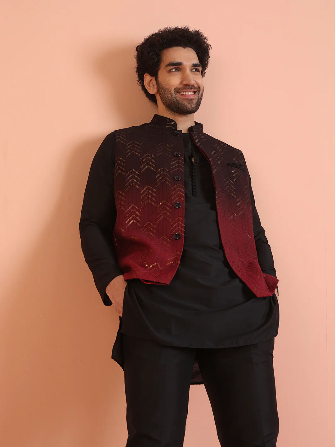 Men Ombre Embellished Sequinned Nehru Jacket - Image 6
