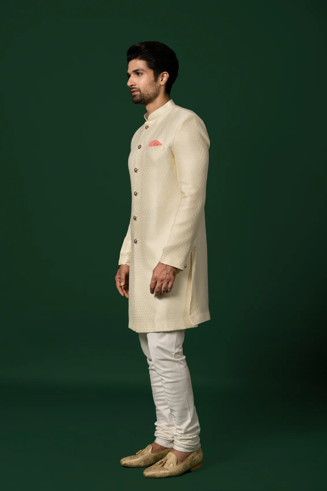Cream Textured Sherwani with Churidar - Image 2